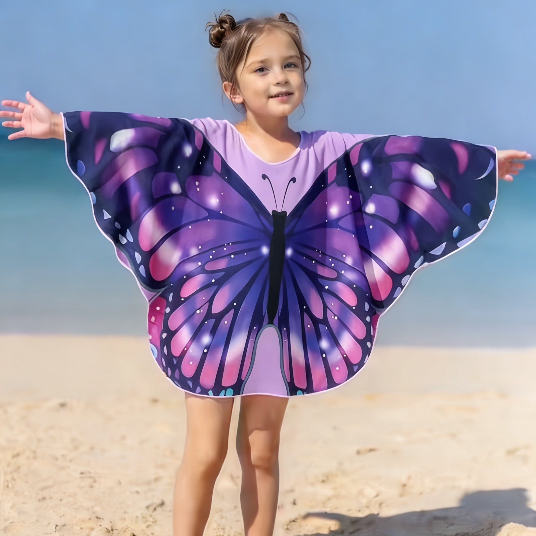 Image of Children's Swimwear Cover-up With Cartoon Gradient Starry Sky Print, Single Piece For Boys And Girls, Beach Casual Outerwear