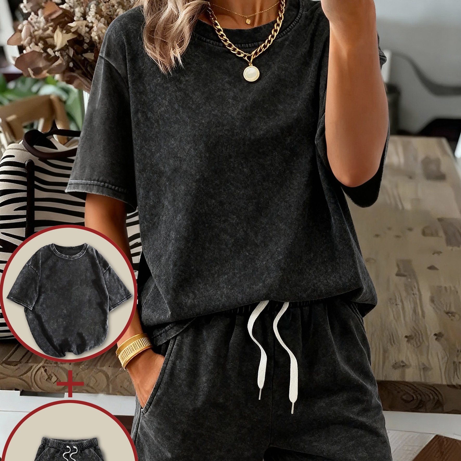 Solid Color Summer Women's T-shirt Shorts Set: Comfortable Retro Fashion Commuter Round Neck Washed Short Sleeves And Leisure Drawstring Pocket Washed Shorts Two-piece
