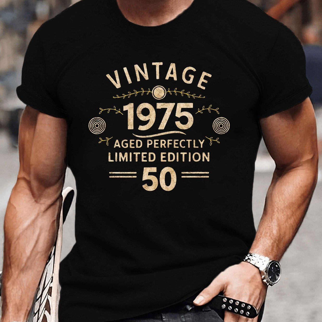 Edition 1975 Vintage Men's Royal Blue T-shirt- Casual Crew Neck Tee With Geometric Print, Machine Washable For Summer, Vintage Washed T Shirt