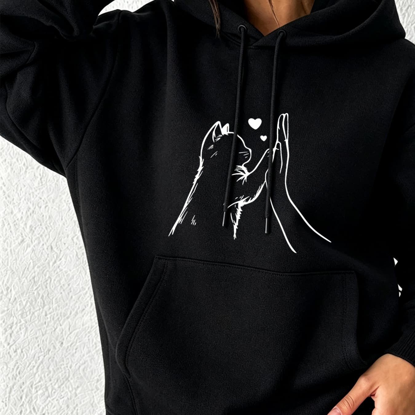 Image of Autumn Winter New Hoodie For Women: Loose Fit Casual Sweatshirt With White Cat Print, Drawstring Hood, Warm And Comfortable, Daily Wear, Cute Easy Style, Leisure Sports Fashion Trend