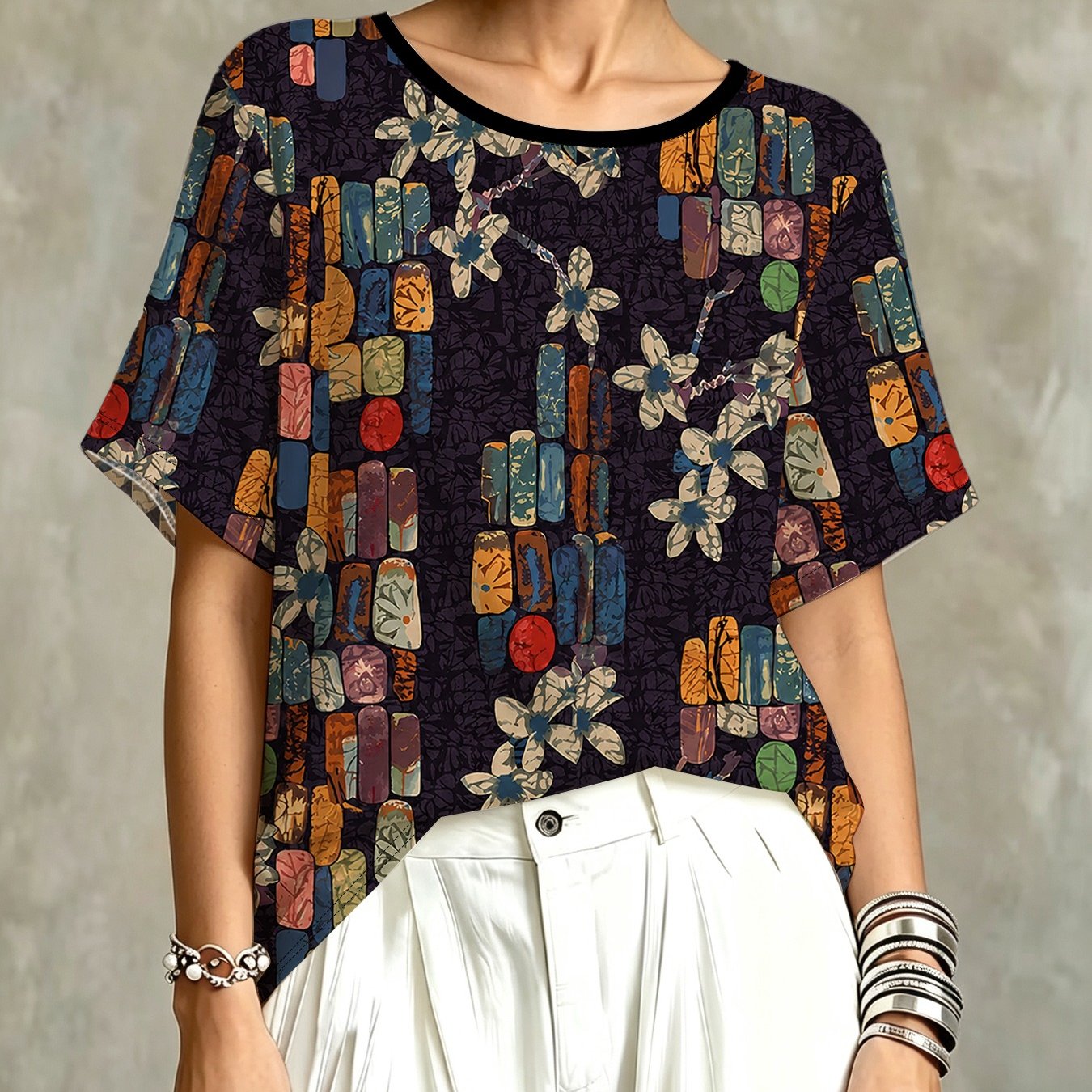 TEMU Women's Vintage Full-body Floral Print T-shirt - Loose Fit Round Neck Short Sleeve Suitable For Casual & -casual Wear, Breathable Soft Fabric,