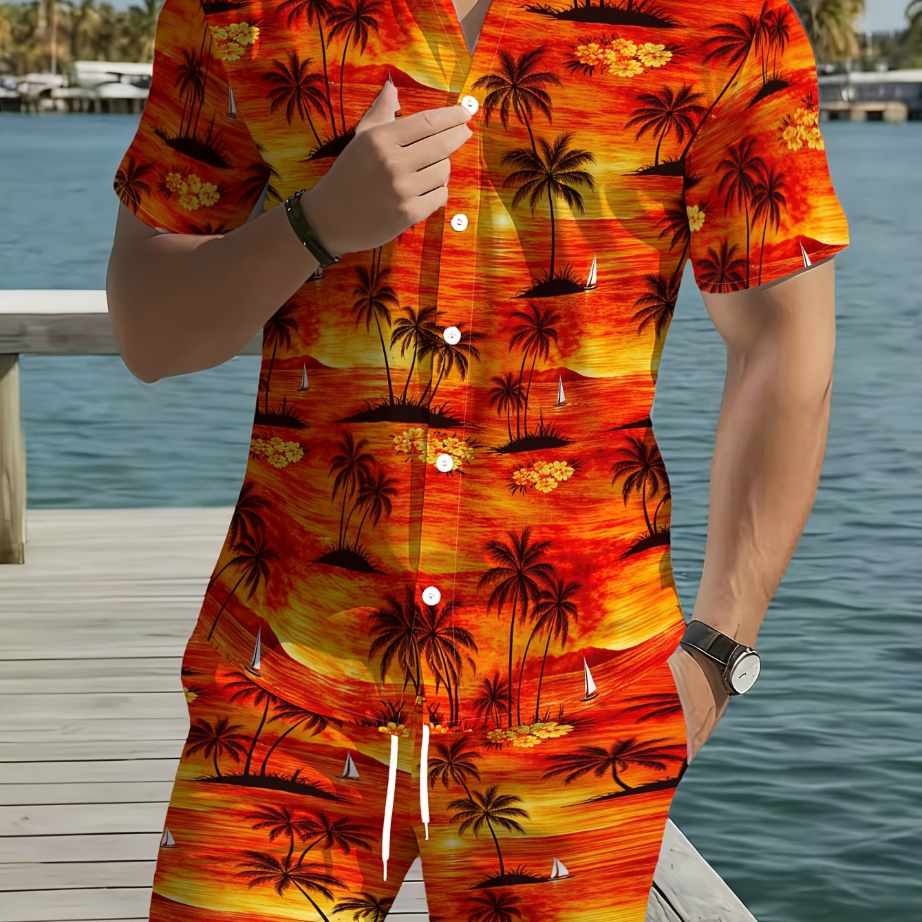 TEMU Men's Short Sleeve Shirt And Shorts Set Summer Beach Vacation Casual Loose Printed Short Sleeve Shirt Beach Pants 2pcs