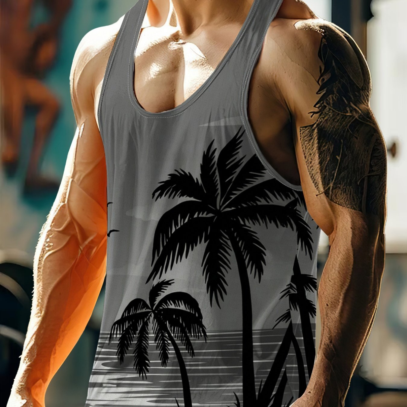 TEMU Men's Summer Sports Fitness Stringer Tank Top Trendy Coconut Tree Print Breathable Sleeveless Vest