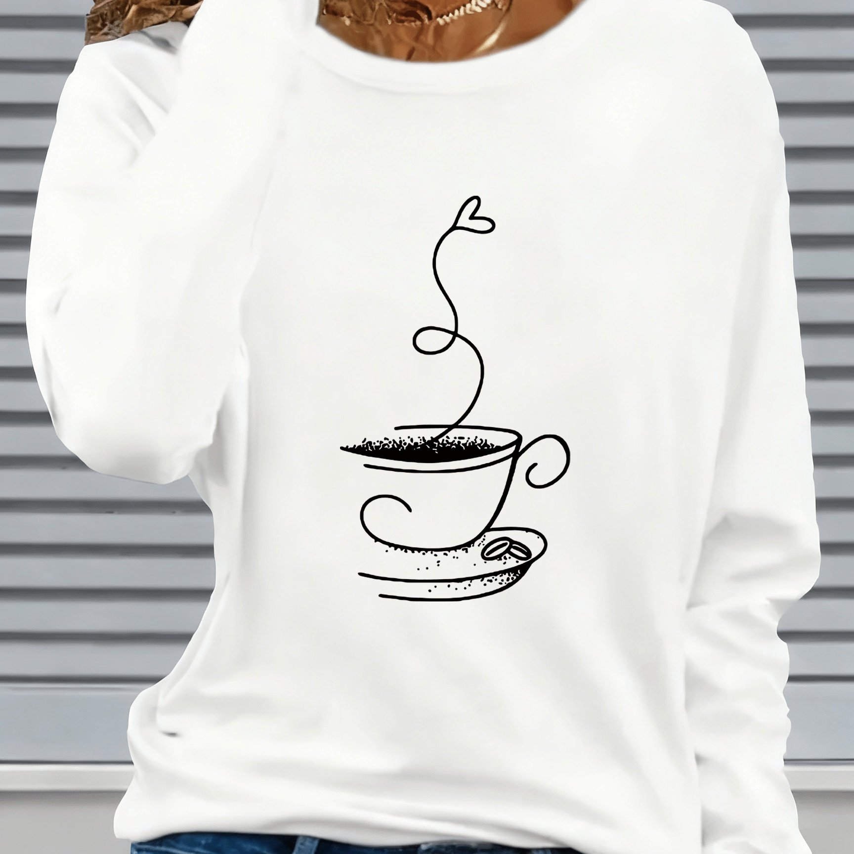 TEMU T-Shirt Manches Longues à Imprimé Motif Café