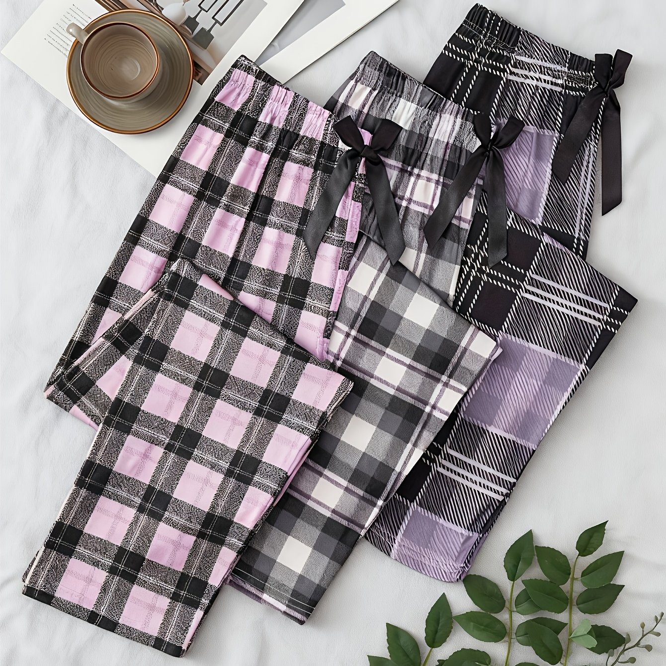 TEMU Women's 3- Long Pants, Checkered Print Trousers