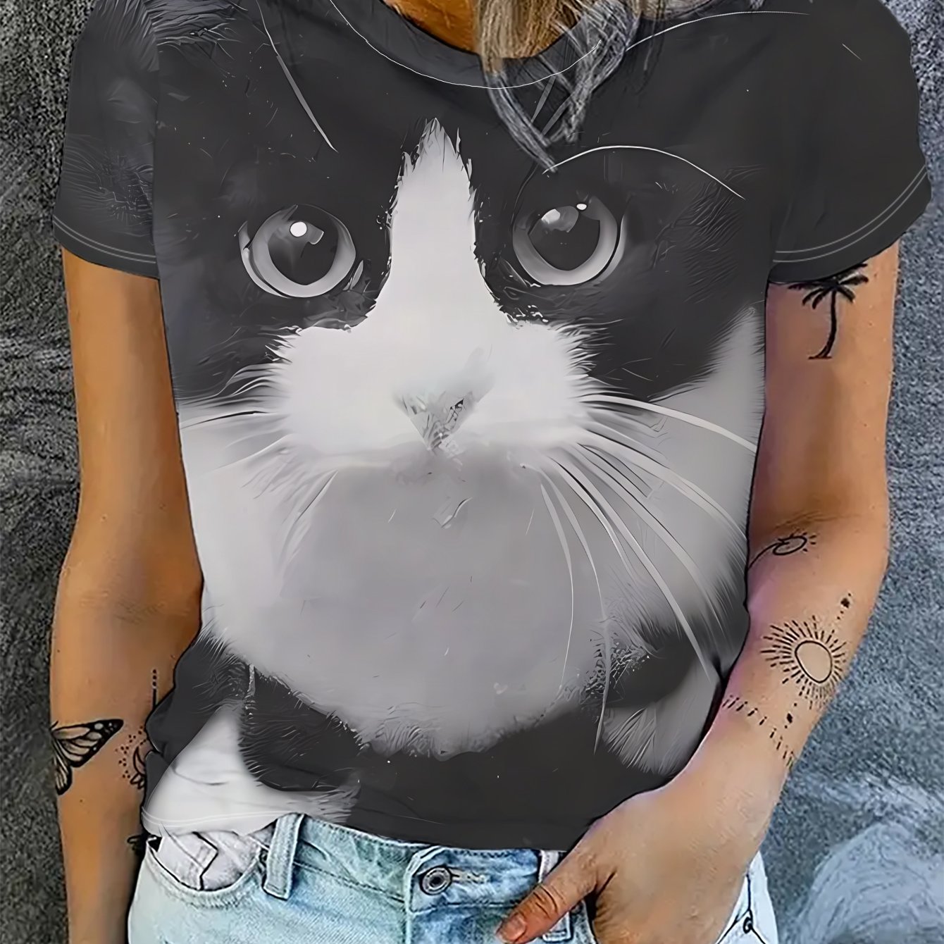TEMU Black And White Cat Portrait Print Short Sleeve T-shirt, Cute And Easy Casual