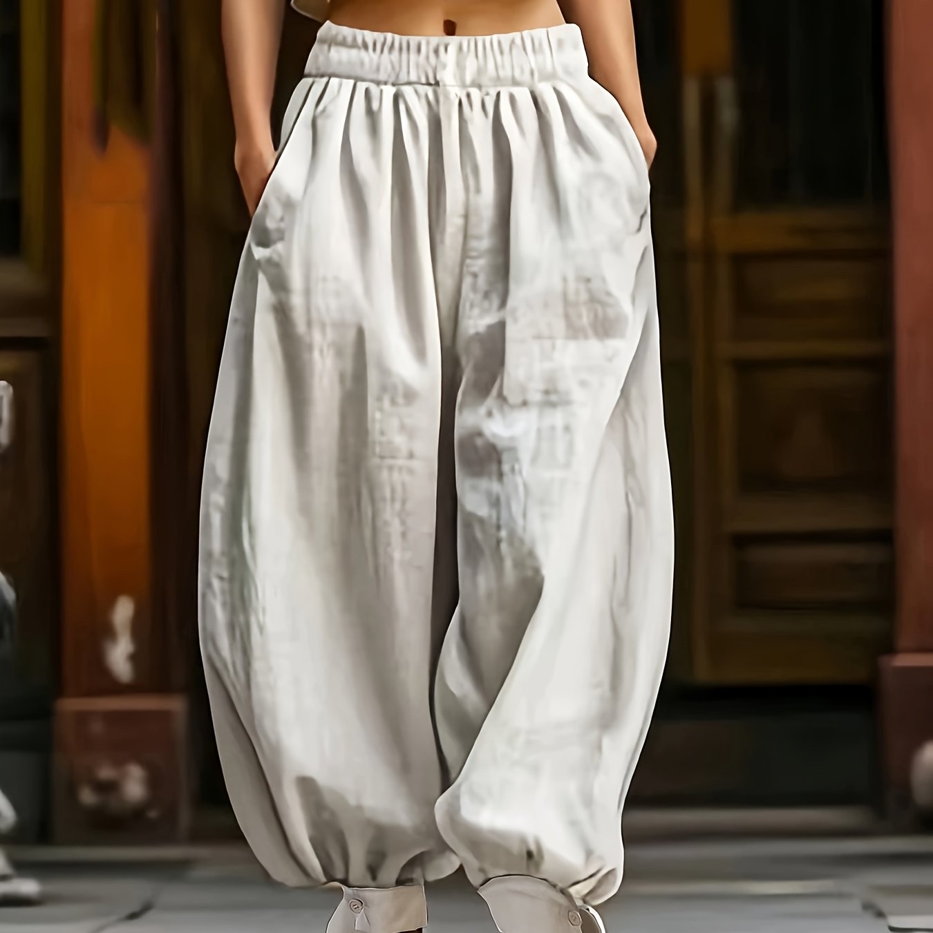 2026 Spring/summer New Women's Unique Beige Drawstring Elastic High Waist Waist-cinching Pants
