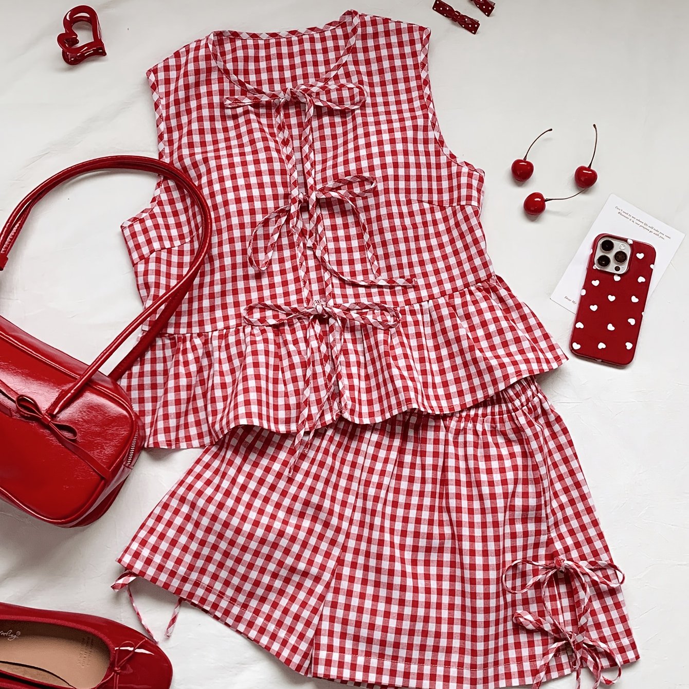 TEMU Completo da donna composto da camisola a quadri con lacci sulla schiena e shorts, 2 pezzi
