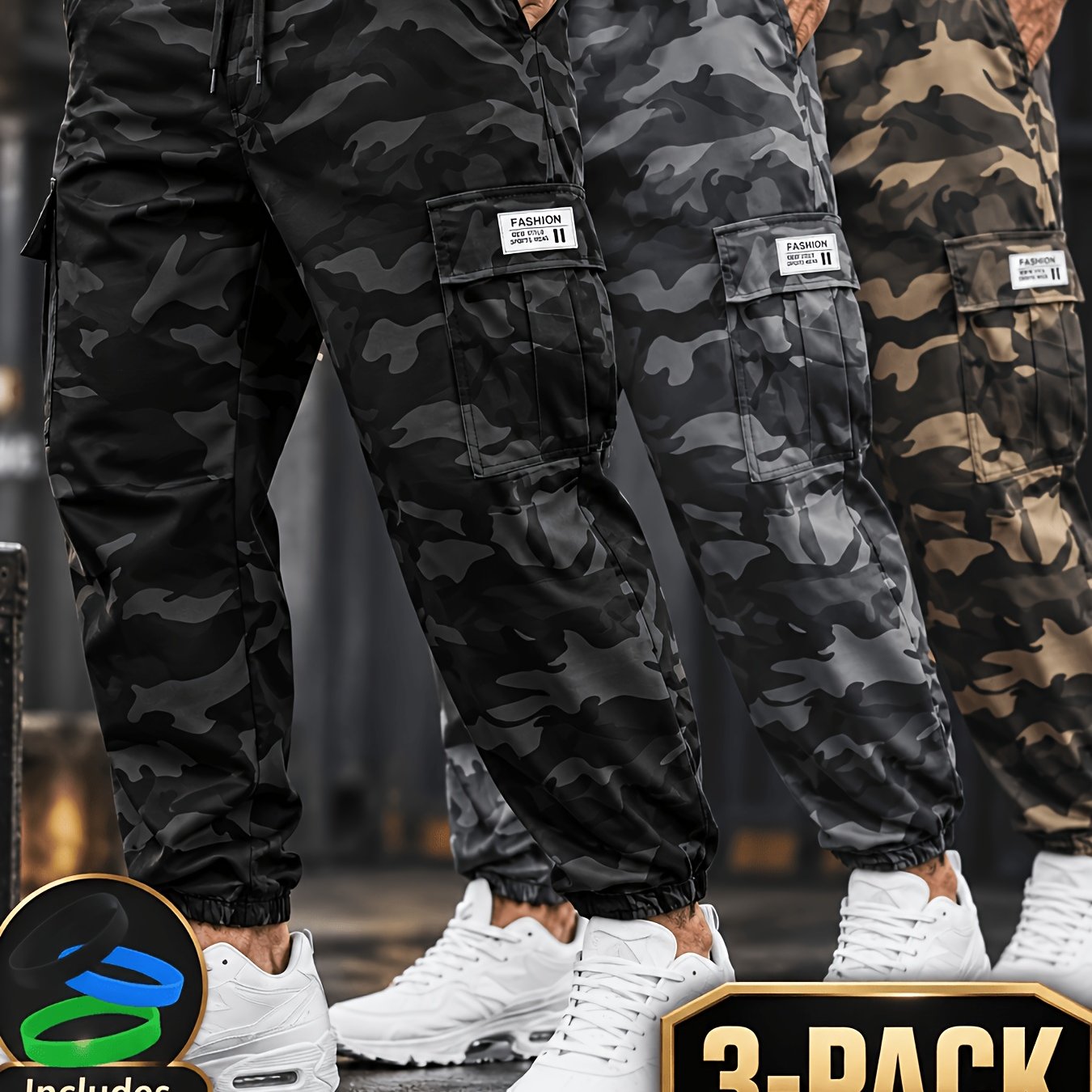 TEMU 3-pack Men's Camouflage Work Pants - Loose-fit Overalls With Multiple Outdoor Pants, Front Drawstring Waist, 100% Polyester Non-stretch Solid -