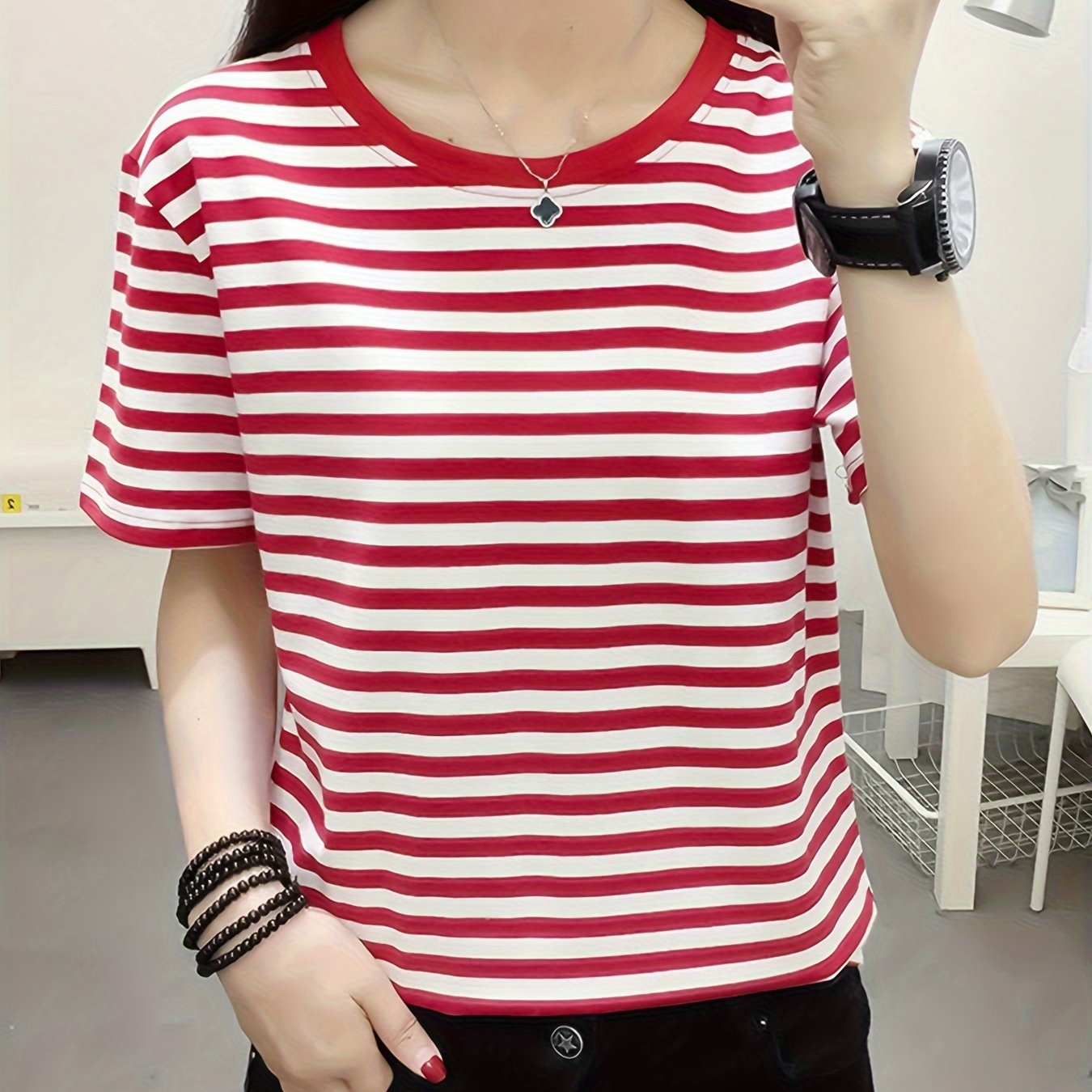 E-shop Rotgestreiftes T-Shirt für Damen, Neues Lässiges Koreanisches Rundhals Kurzarm-Oberteil