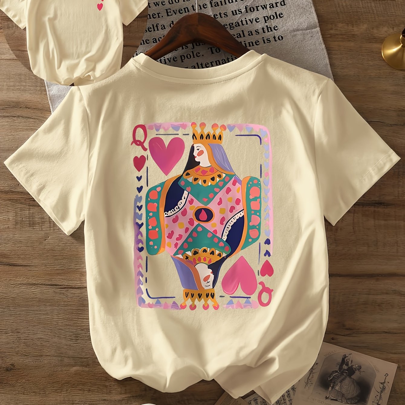 TEMU T-shirt avec imprimé reine de carte à , haut décontracté à manches courtes et col rond, vêtement pour femme, adapté pour et l'été.