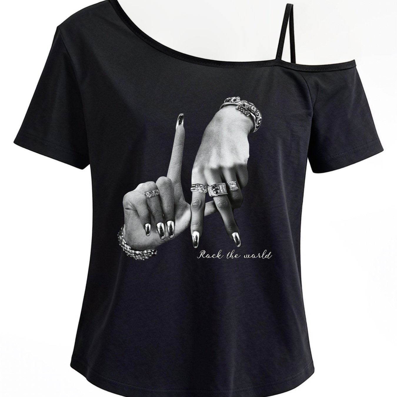 TEMU Single-shoulder Short-sleeve T-shirt With Nail Print - Shoulder Strap Top, Casual Wear Suitable For Rock Events & Everyday Outfits, Machine