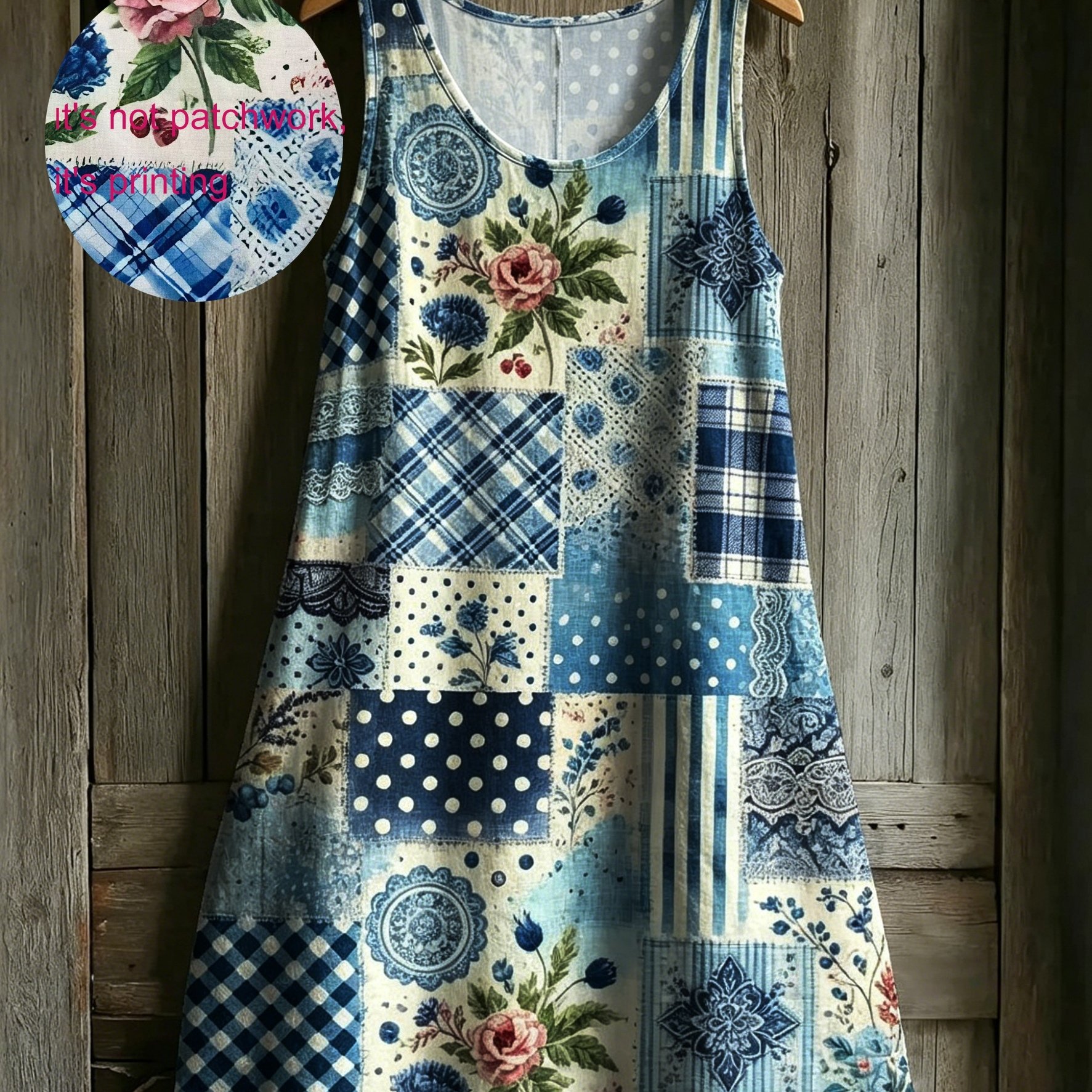 TEMU Plus Size - Plus Size - Plus Size Vintage Blue Floral Print Sleeveless Vest Dress, Mid-length Round Neck Dress, Suitable For Summer Casual