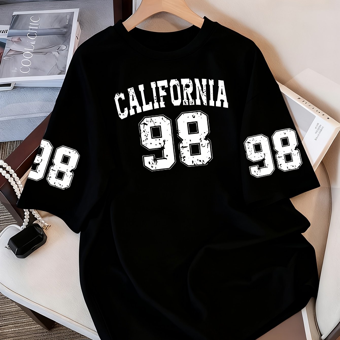TEMU Style California 98 Number 3 Printing, 2026 New Ladies Plus Size Leisure Sports T-shirt, Machine Washable, Recommended For Spring And Summer,