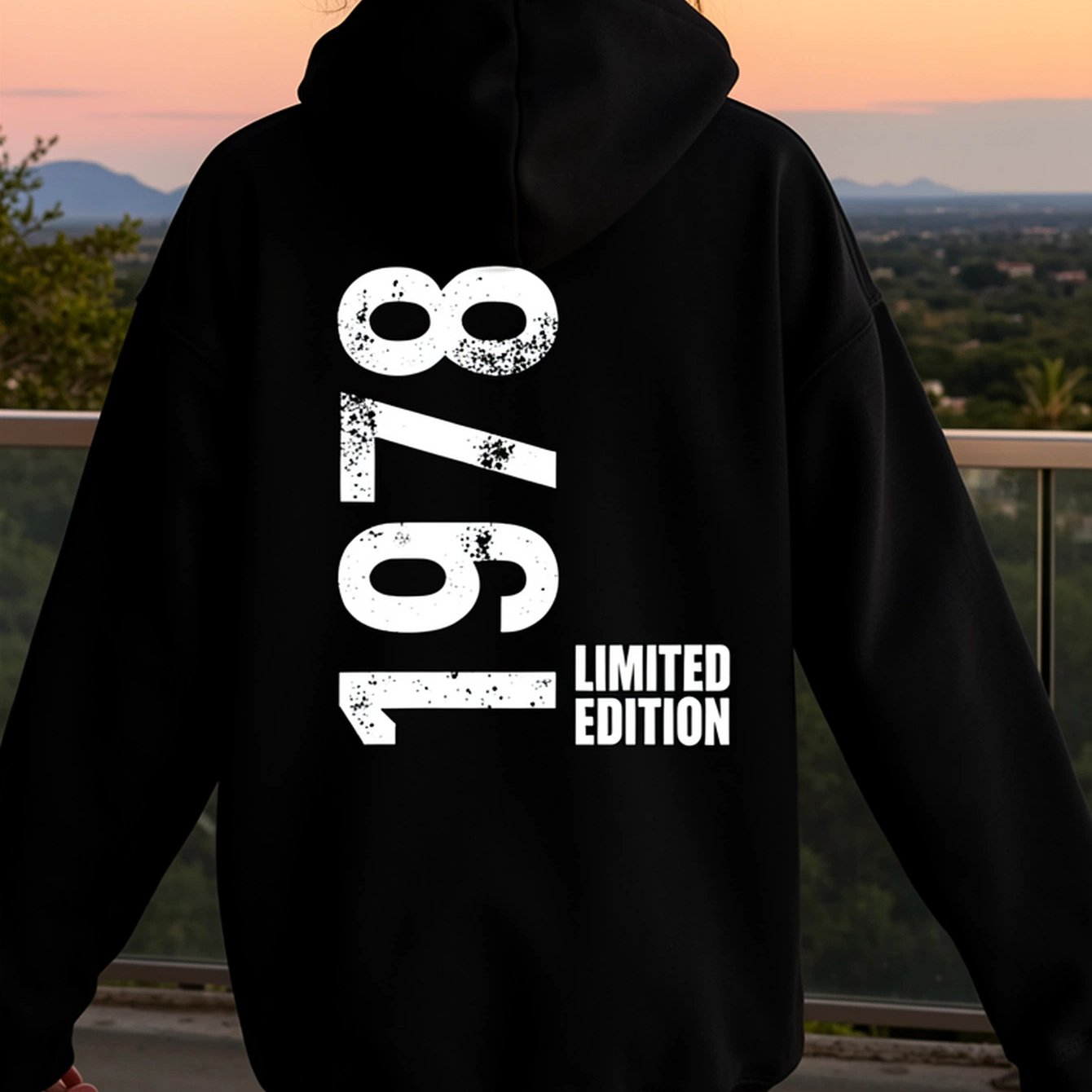 Image of 1978 Edition Women's Hooded Sweatshirt Vintage Slogan Print, Casual Pullover With Drawstring Hood, Machine Washable, Long Sleeve, Geometric Pattern, Wear