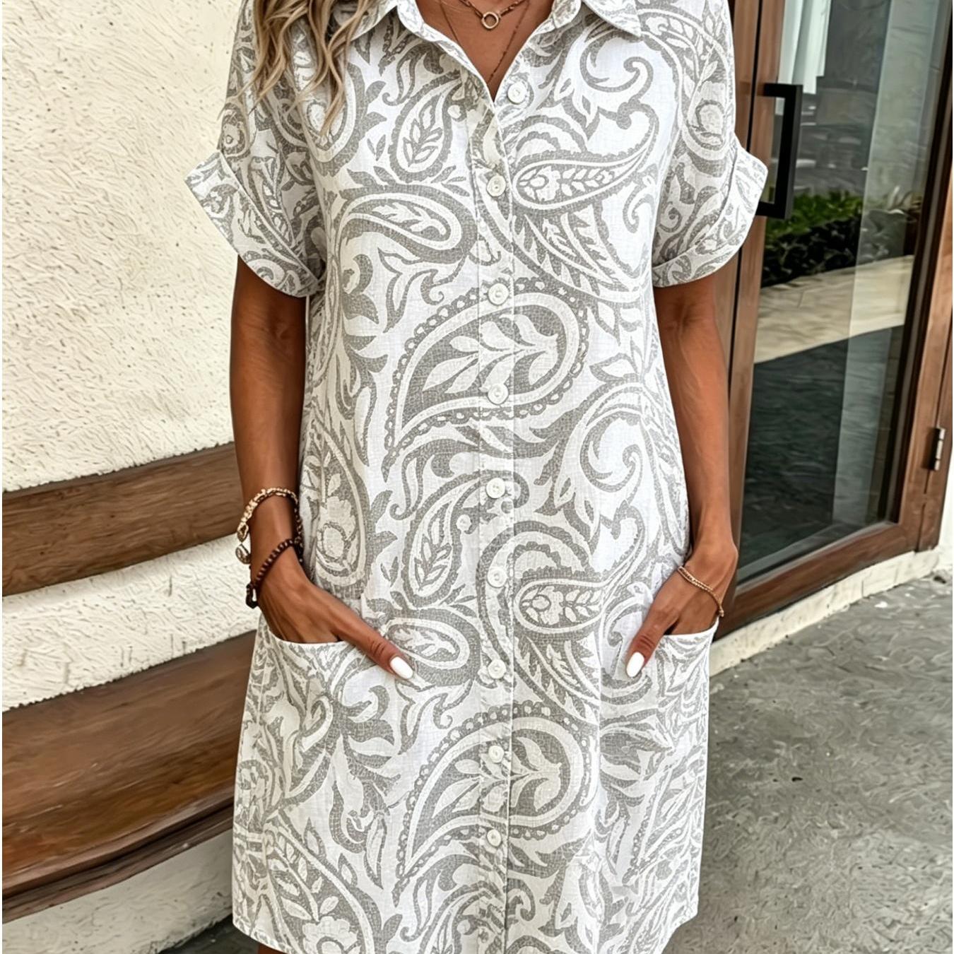 Image of Women's Summer Shirt Dress Gray Paisley Print Elegant And Sophisticated Suitable For Button- 2 Pockets Machine Washable Perfect For Vacations Casual Wear Casual Attire Or As A Gift