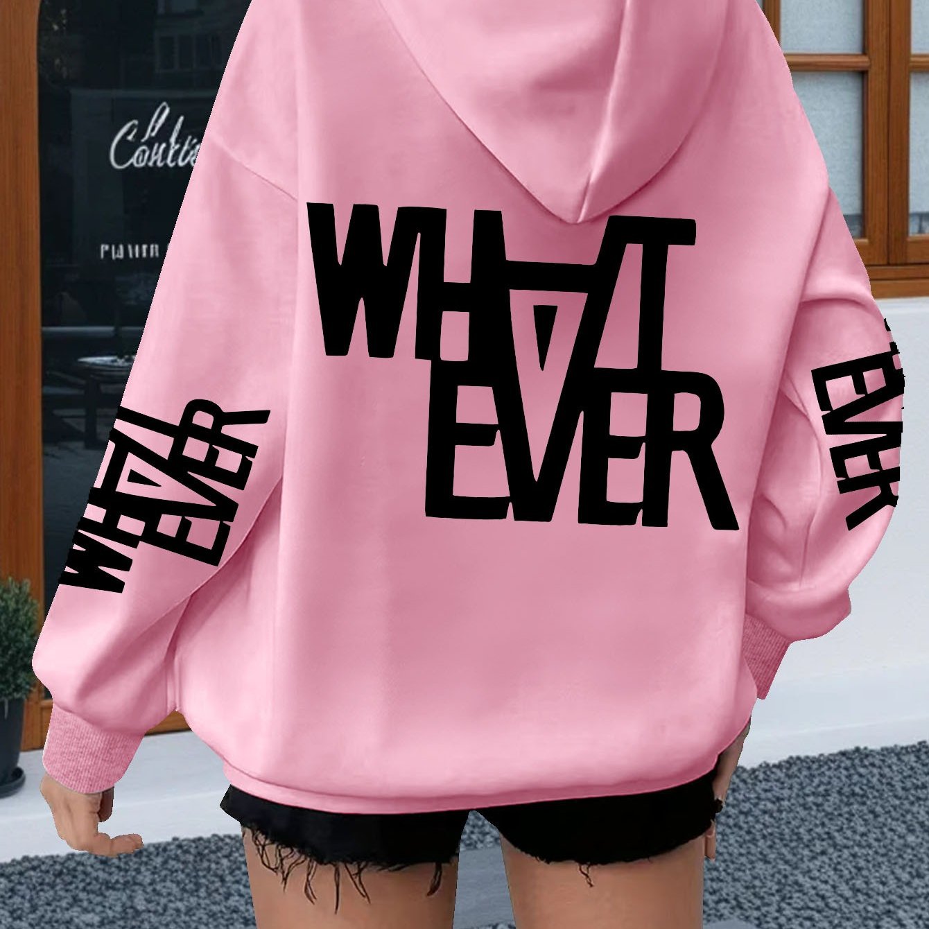 TEMU Plus Size - [whatever] Street Individual Casual English Slogan Printed Hoodie, Minimalist Thick Line Letter Breathable Daily Versatile Loose