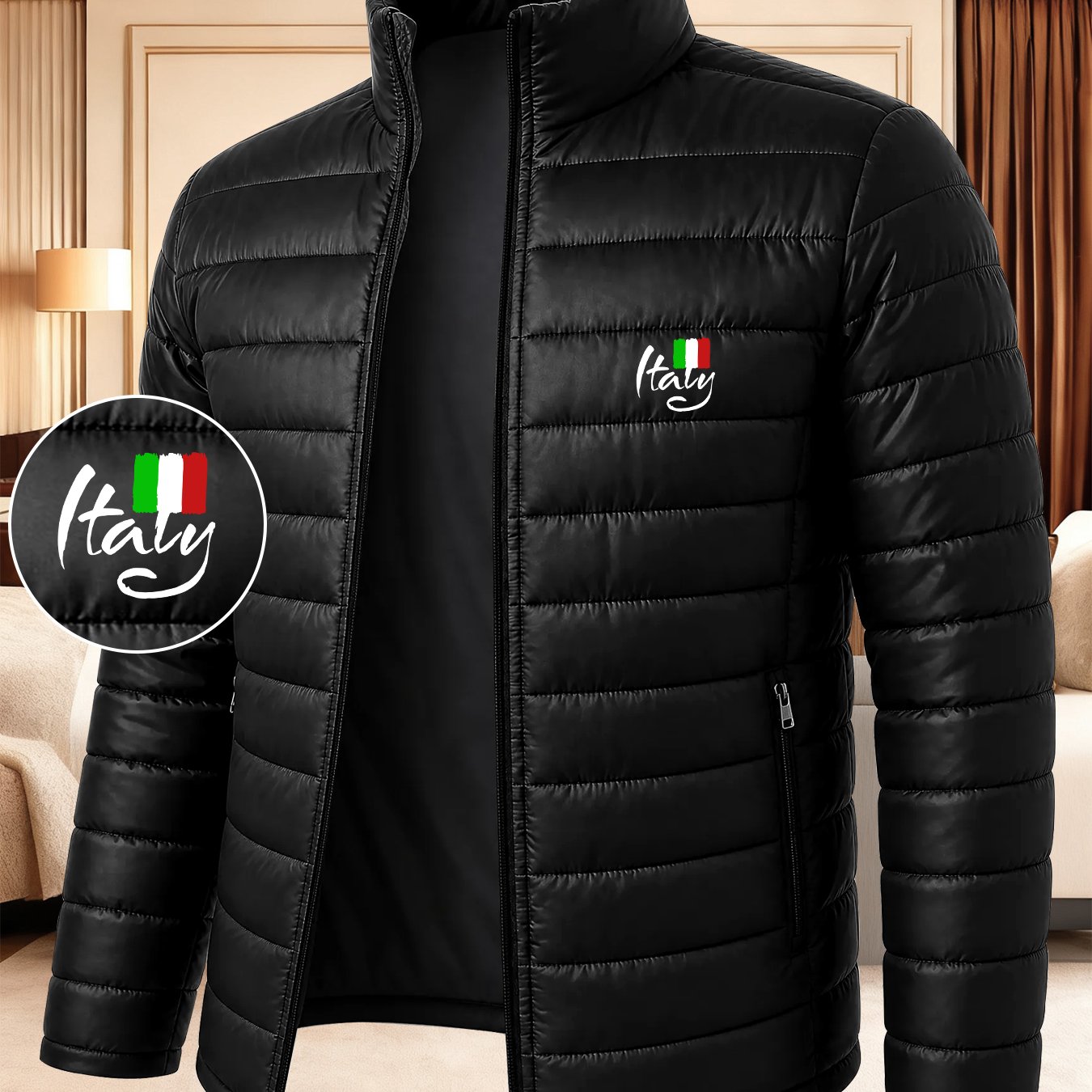 TEMU Men's Autumn Winter Casual Stand-collar Jacket, Italian Flag Element Pattern, Fashionable Comfortable All-match Outerwear