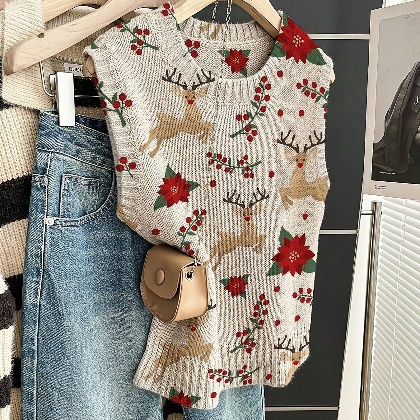 TEMU [2d Digital Printing] Pullover Round Neck Sleeveless Printed Vest, Reindeer Pattern, Casual Elegant All-match Comfortable Temperament Vacation