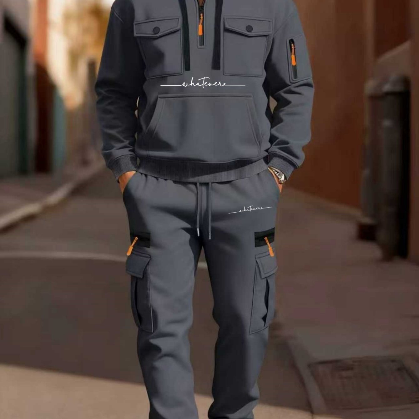 TEMU Men's Fashion Multi-pocket Half-zip Pullover Workwear Style Sweatshirt With Drawstring And Joggers 2pcs Set