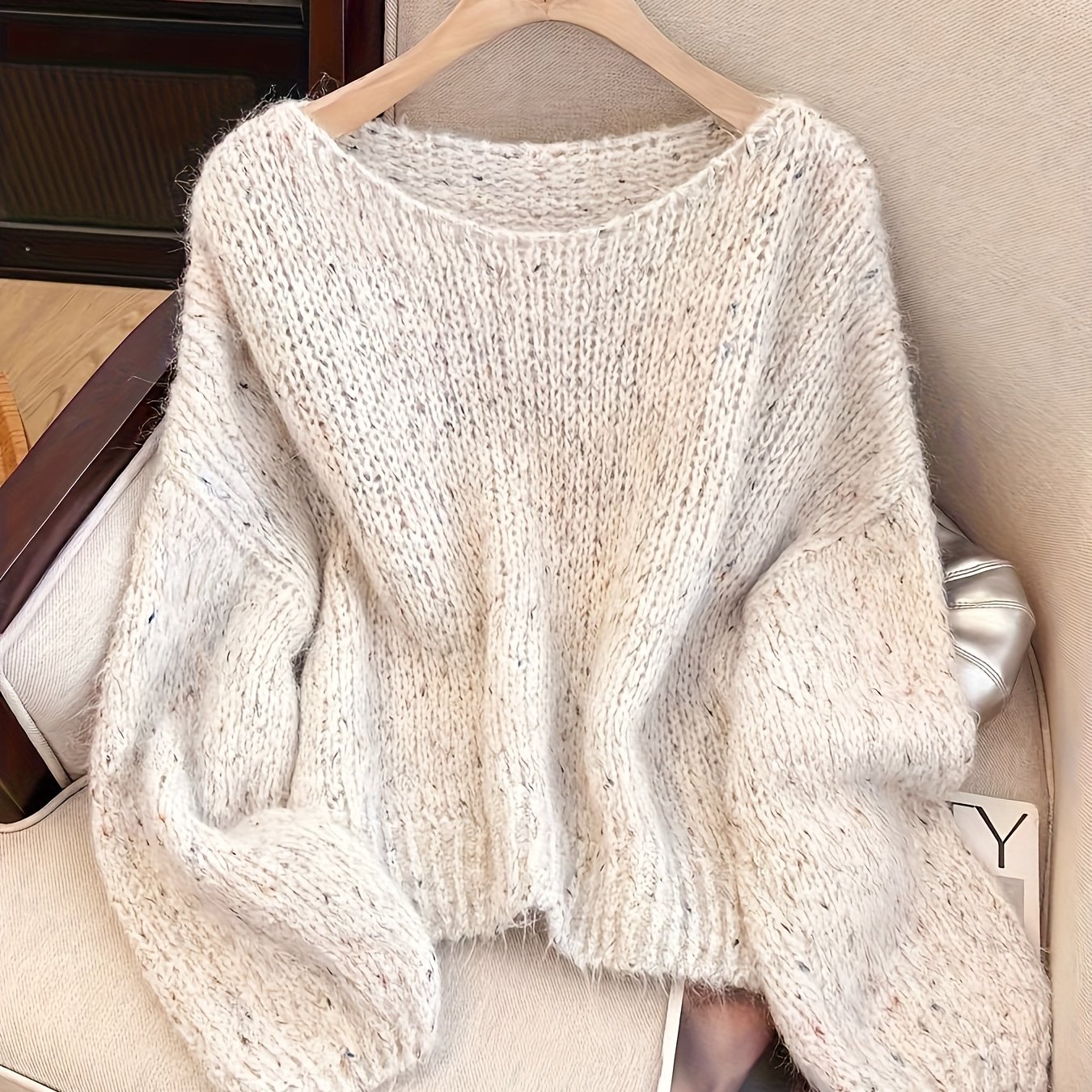 E-shop Koreanischer, weicher, mehrfarbiger Pullover, locker geschnittenes Oberteil mit kurzen Laternenärmeln