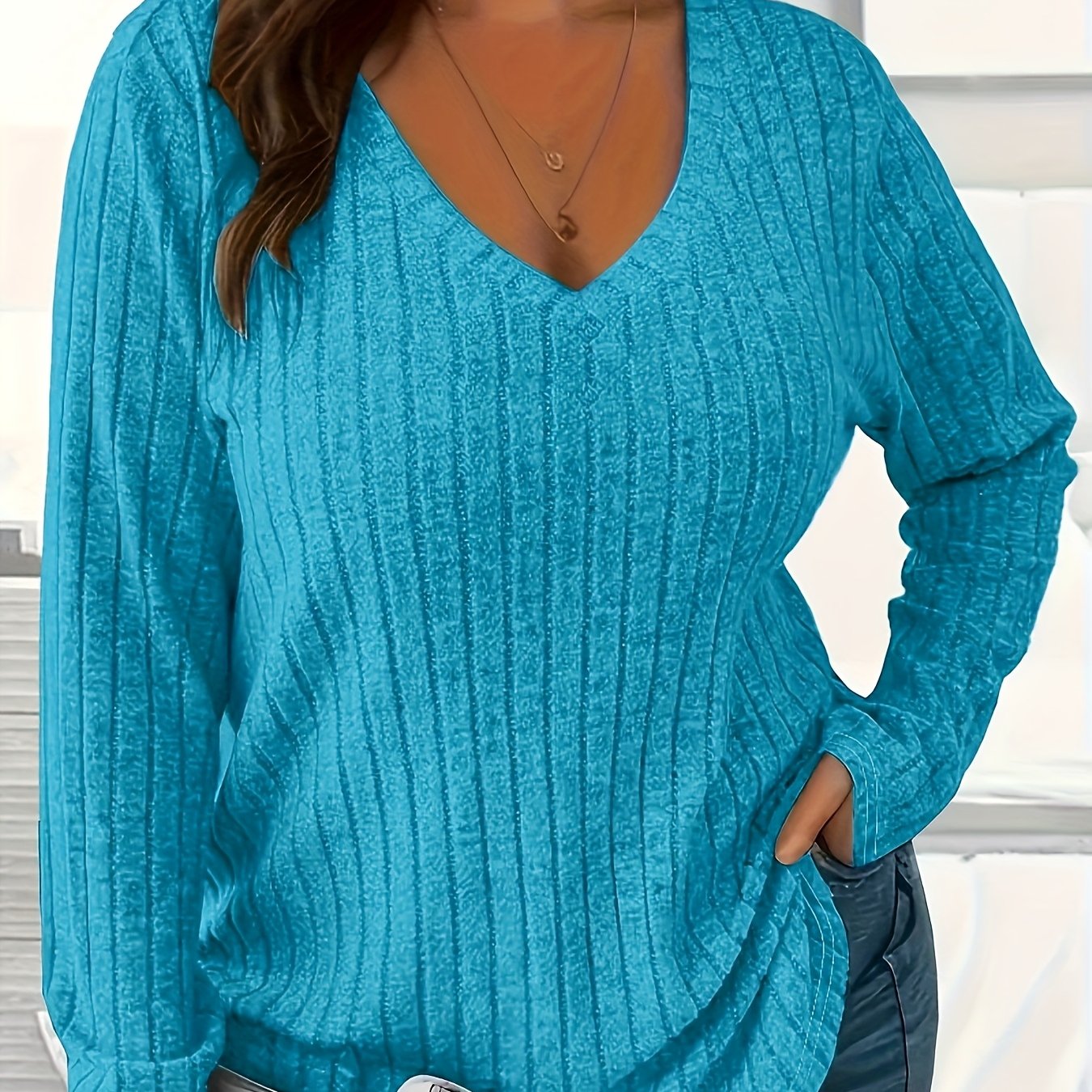 Plus Size, Spring/autumn/winter Solid Color Plus Size Women's V-neck Ribbed Terry Casual T-shirt Loose Pullover Long Sleeve