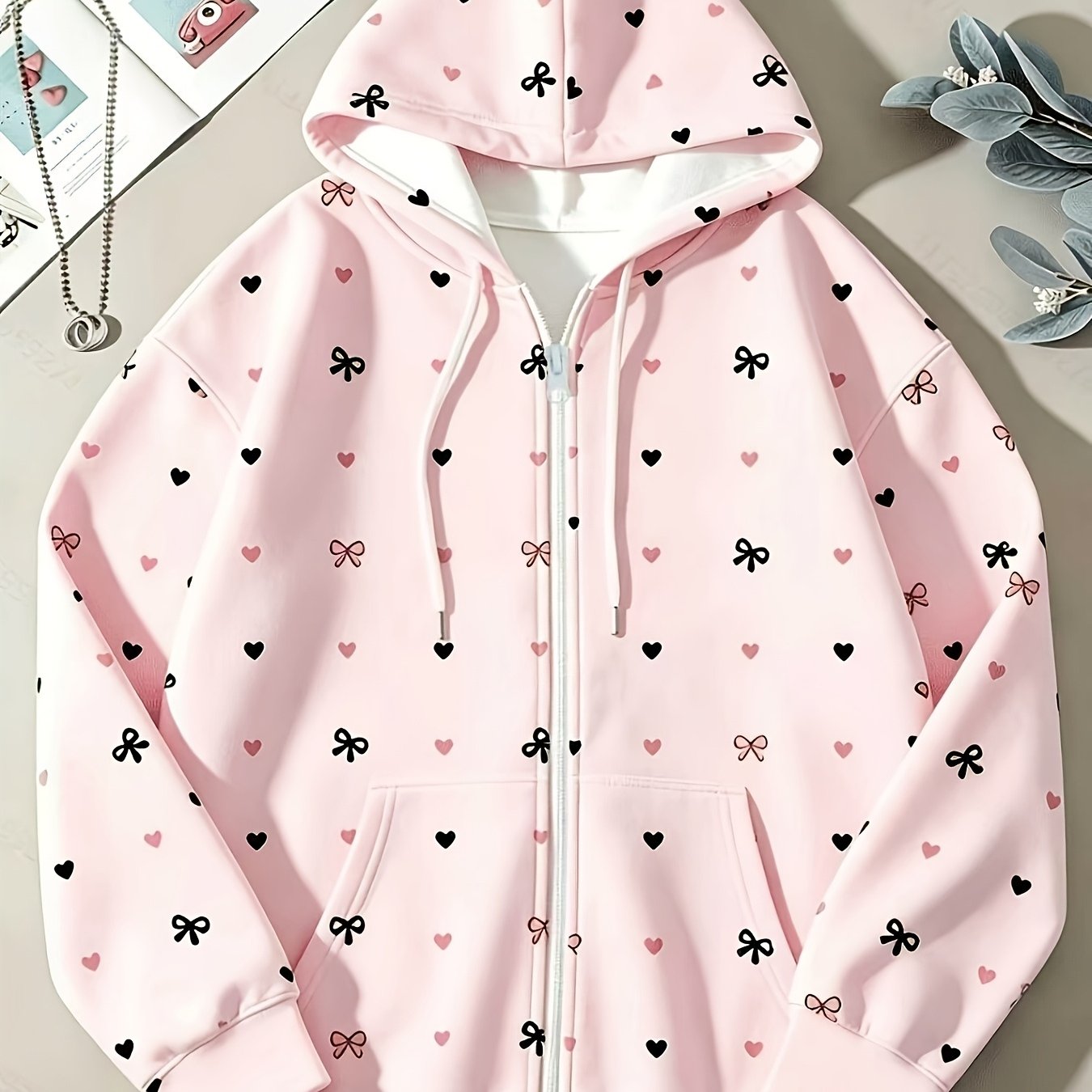 TEMU Plus Size - Light Pink Heart Bow Full Print Hooded Zip-up Sweatshirt, Soft Cute Loose Zip-up Sweatshirt Versatile Outerwear