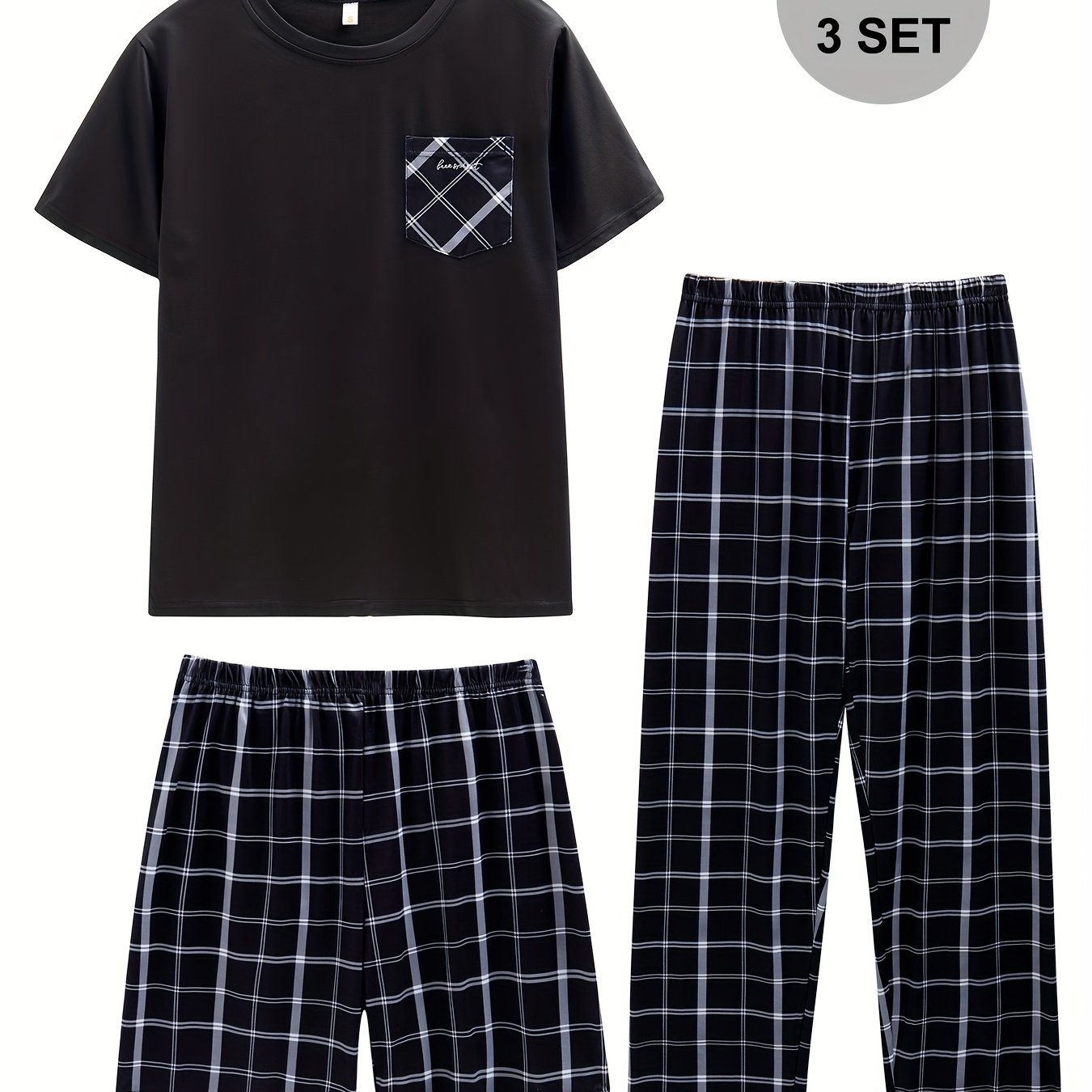 E-shop 3-teiliges Set, Herren Patchwork Tasche, Kurzarm-Shorts und Pyjama Set mit Karomuster