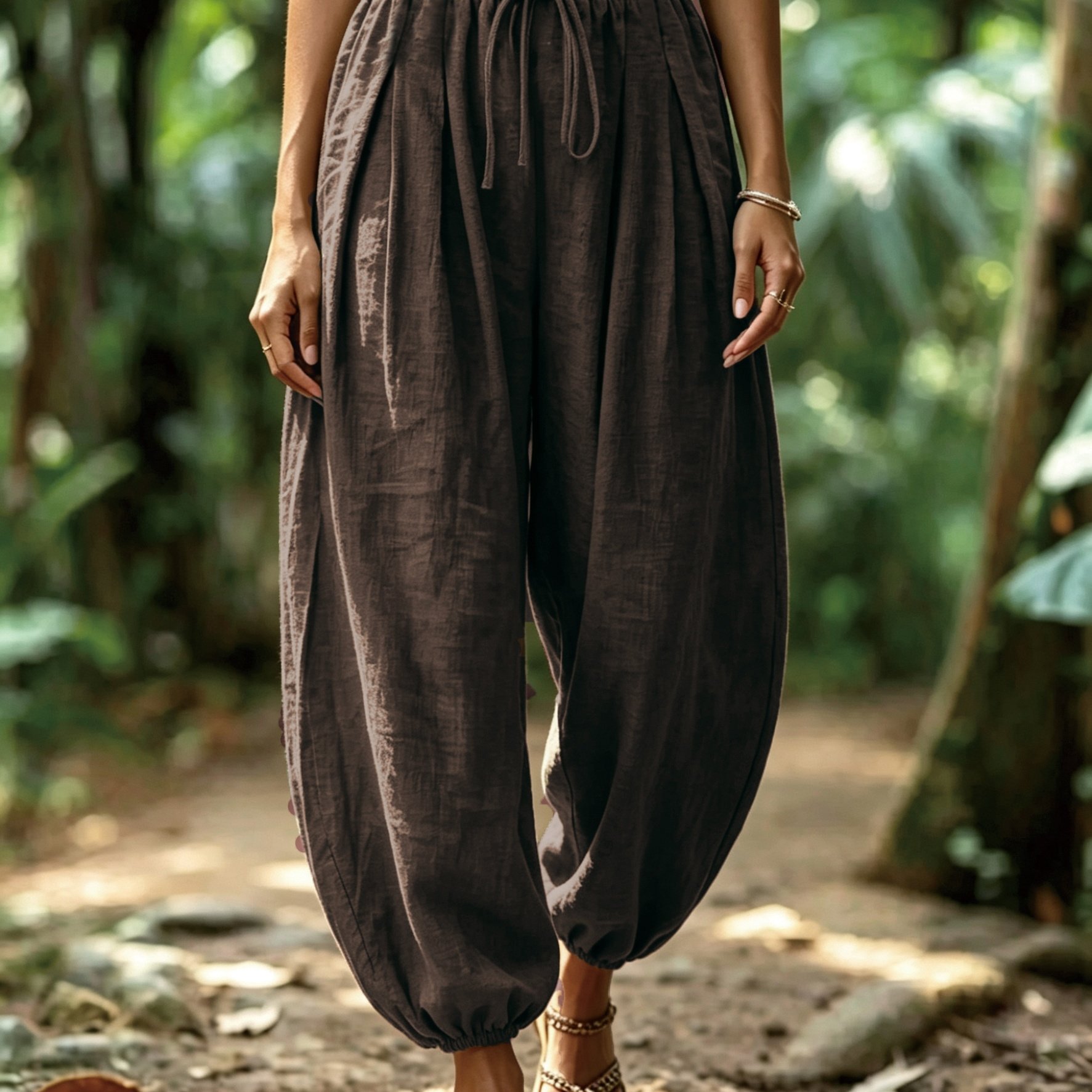 TEMU New Women's Vintage Bohemian High-waist Loose Ankle-cinching Lantern Wide-leg Pants, Ankle-length Casual Trousers, Vacation Daily Wear,