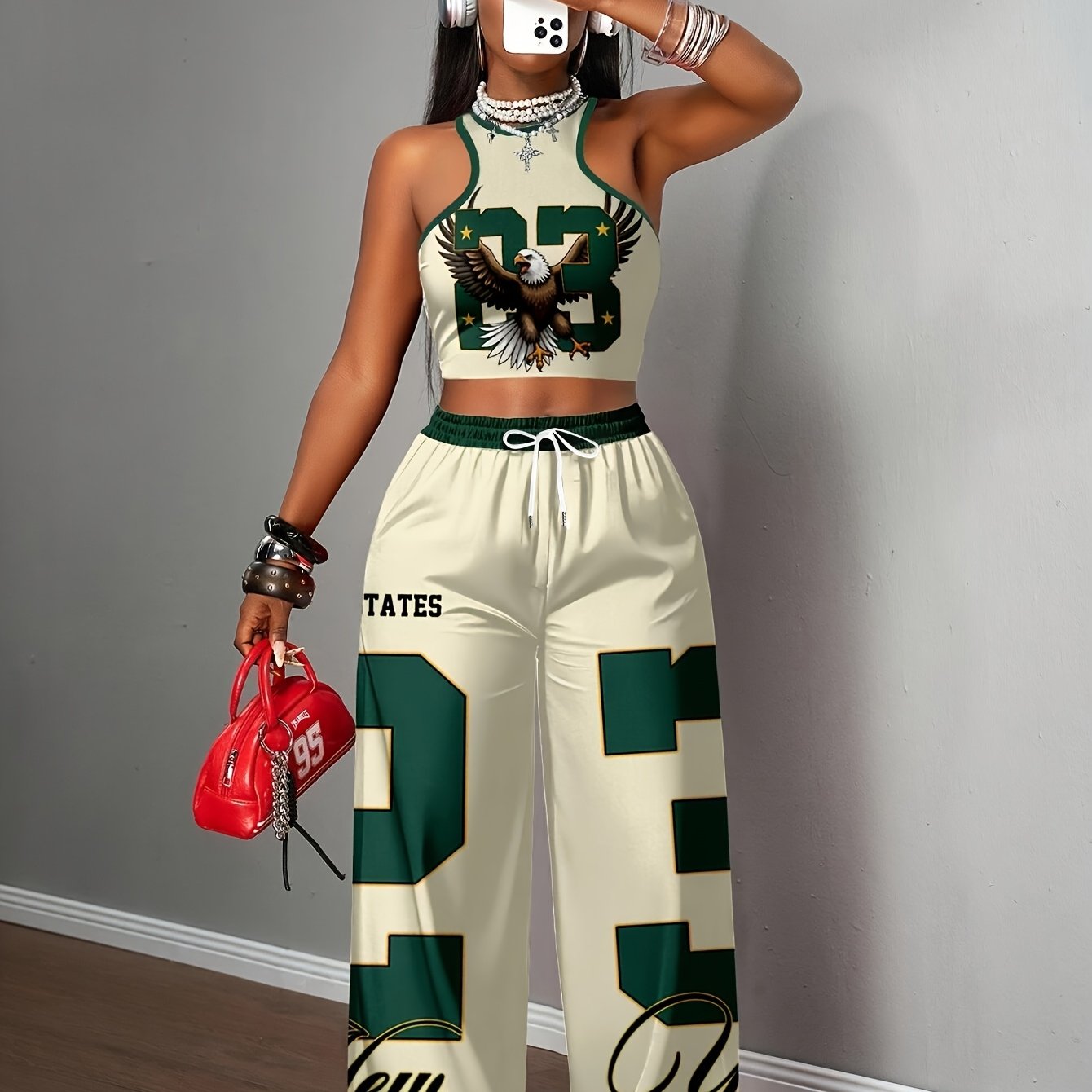 TEMU A Set Of 2 Women's Style Fitted Tank Tops And Pants, Featuring Straight-leg Pants And A Cropped Top With A Printed Eagle And 23, Making It For