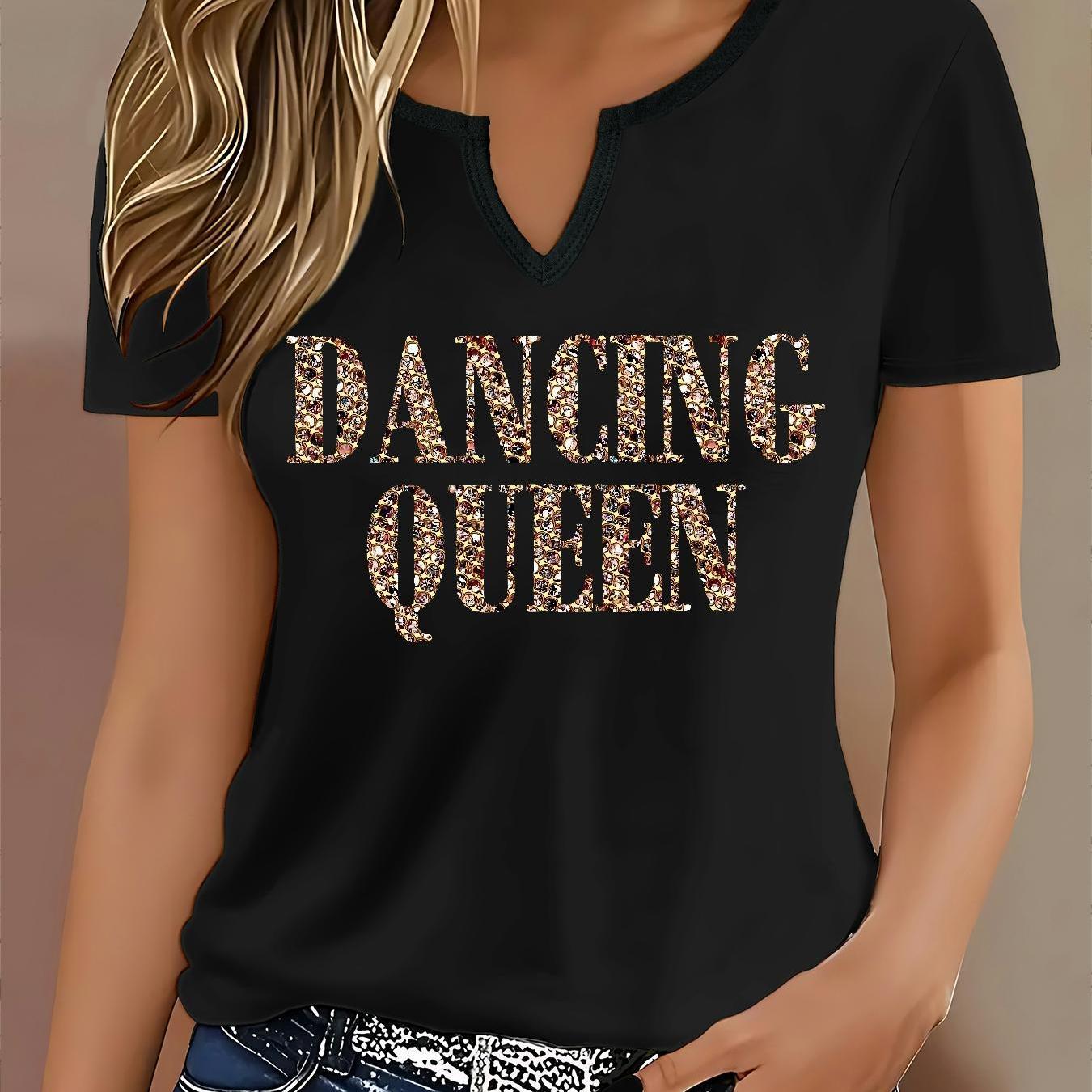 TEMU Women's Black V-neck Short-sleeve T-shirt With Dancing Queen Print & - Casual Party Outfit, B9 Size Standard Fit, Machine Washable Top For