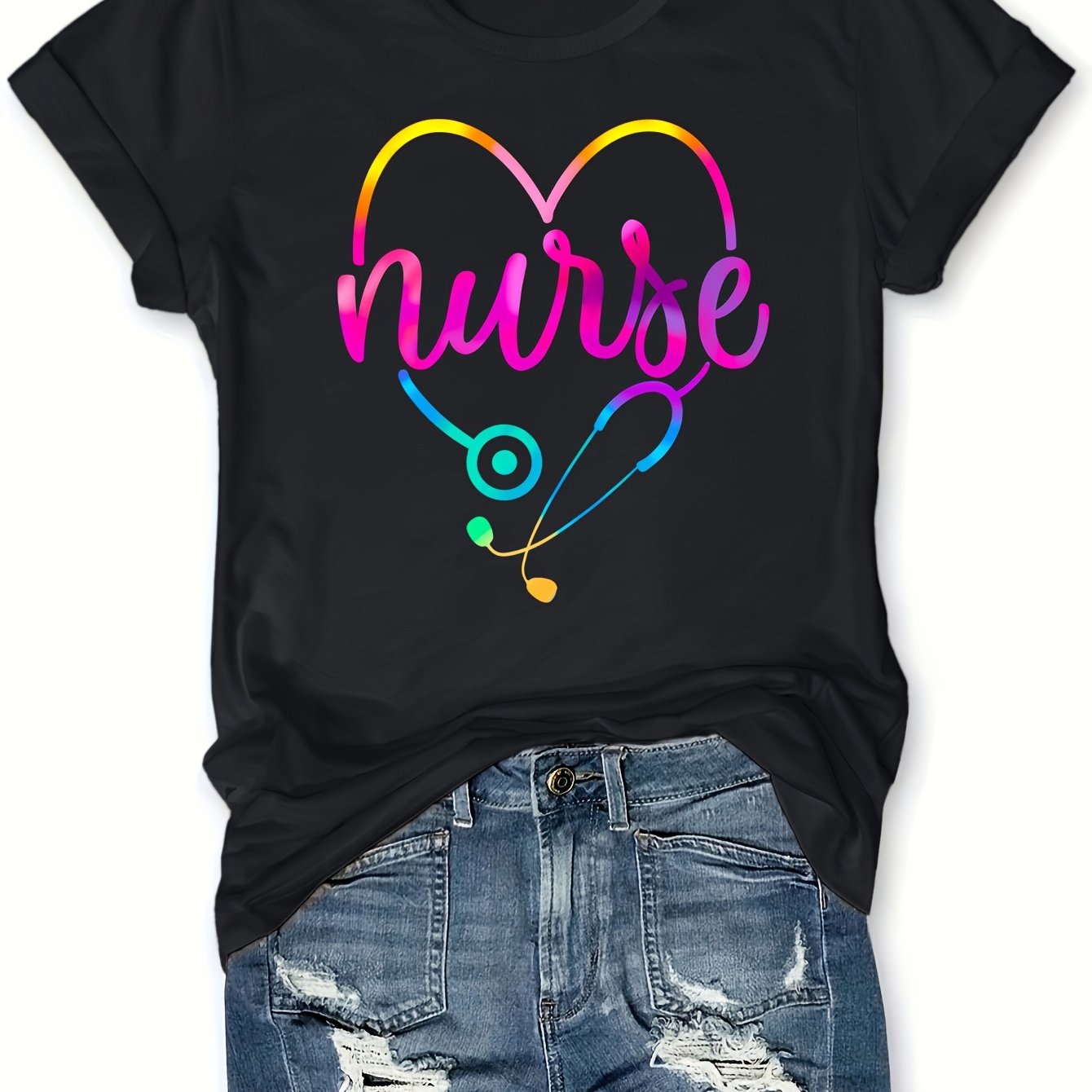 TEMU T-Shirt Graphique Infirmière, Manches Courtes Col Rond avec Dessin Animé, Hauts Décontractés Quotidiens, Vêtements pour Femmes