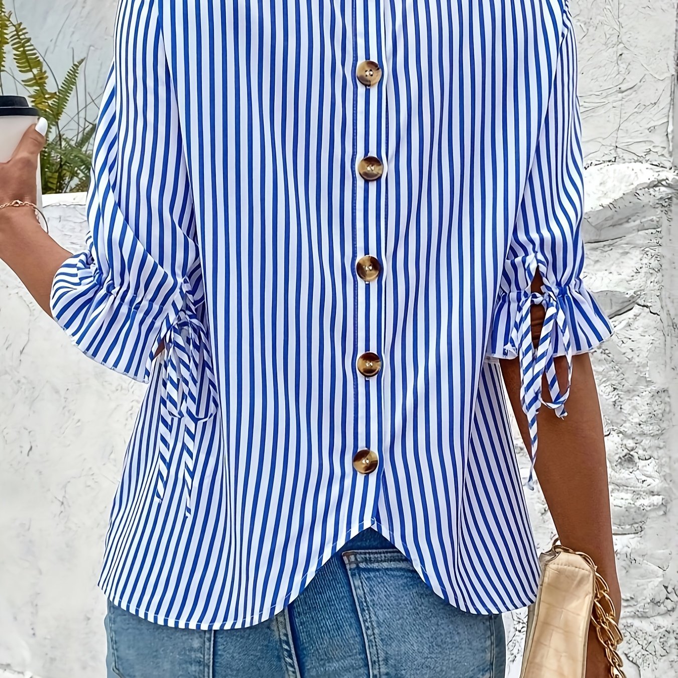 E-shop Modisches gestreiftes bedrucktes Rundhals-Shirt, elegantes halbärmeliges Hemd mit Knopfleiste auf dem Rücken, Damenbekleidung