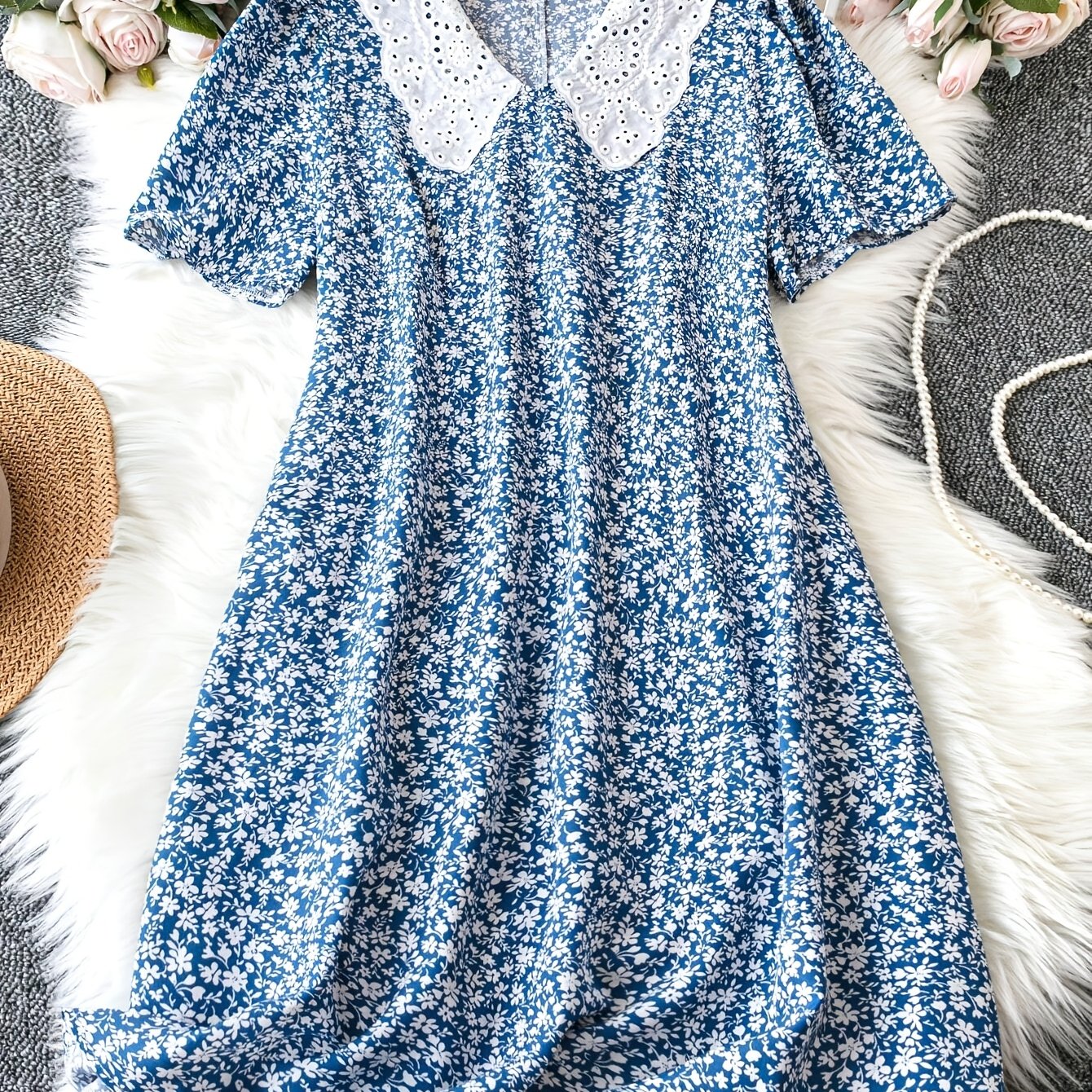 Image of Plus Size, Women Plus Size Short Sleeve Floral Print Collar Dress Vacation Beach Outfits