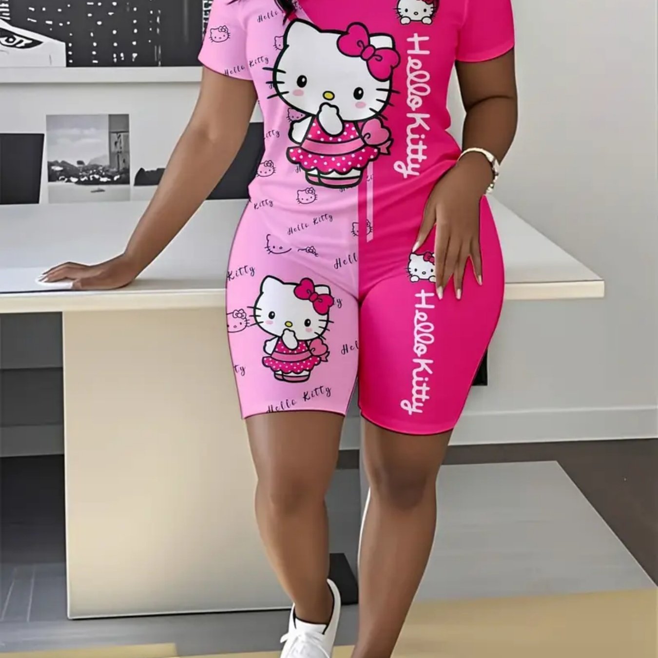 TEMU Licensed Hello Kitty T-shirt And Shorts Set, Crew Neck, Comfortable Breathable Fabric, Great For Spring And Summer, 2pcs Women's Casual Summer