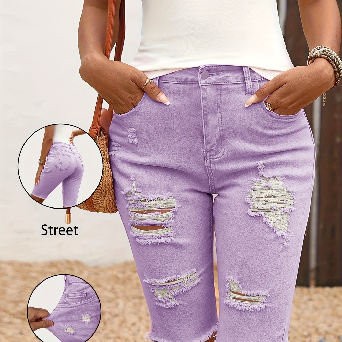 Image of Beautiful Hot Women's Clothing Western Fashion Elegant Clothing Distressed Ripped Contrast Frayed Tie High-waist Stretch Casual Versatile Purple Women's Denim Shorts 618397-2