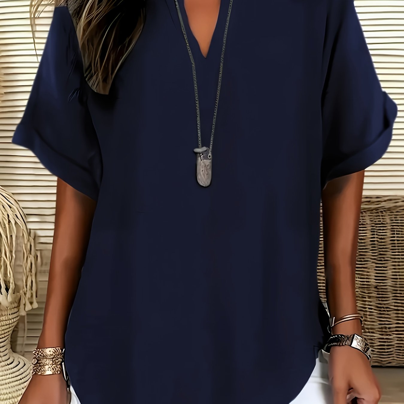 E-shop Plus Size, Damen Plus Size Mode Kurzarm Lockeres Fledermaus-V-Ausschnitt Shirt Top
