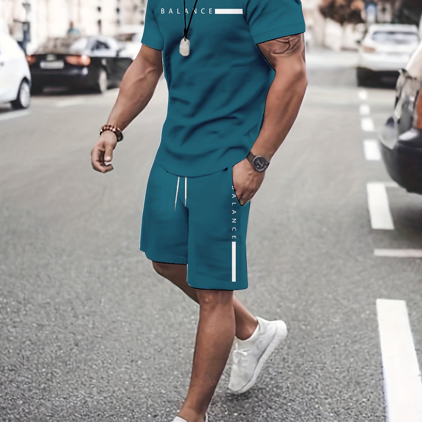 TEMU Trendy Men's Suit, Lightweight And Breathable Short-sleeved T-shirt + Casual Shorts Two-piece Set, Summer Slim Men'-piece Set