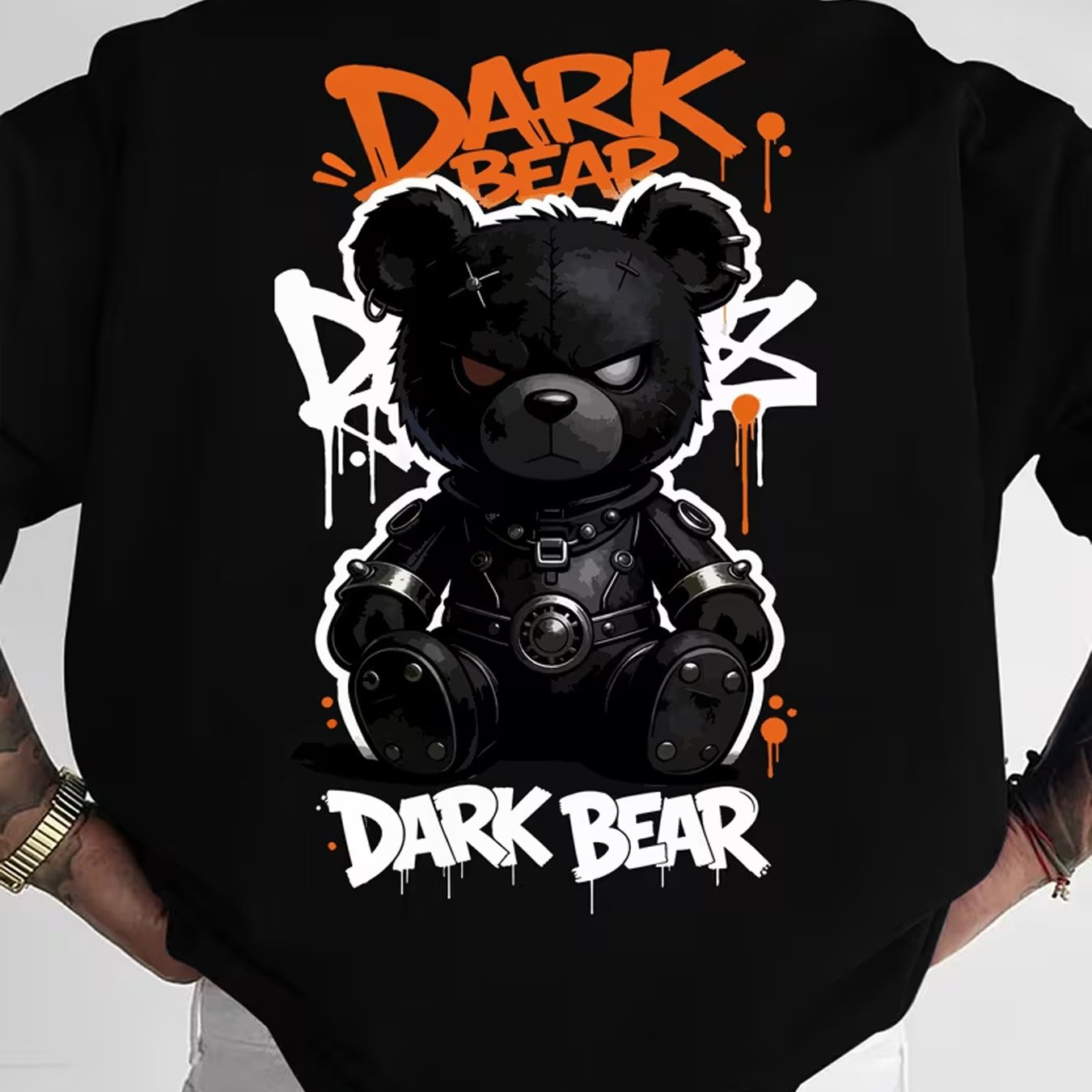 Men's Plus Size Print T-shirt, Street Trendy Style Dark Graffiti Bear Short Sleeve, Casual All-match Fashion, Plus Size