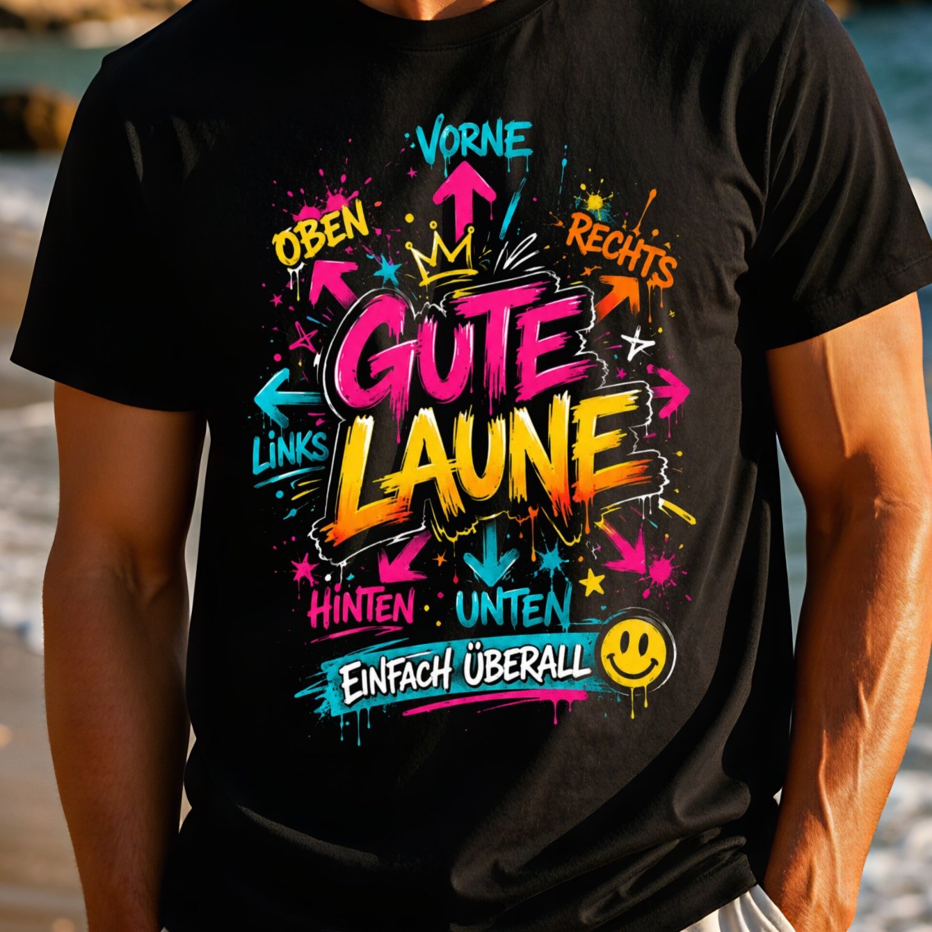 Men's T-shirt Einfach T-shirt Neon Graffiti Arrows Around German Text With Sm And Crown