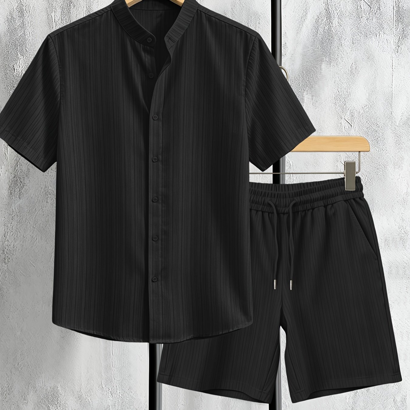 TEMU Men's Casual 2pcs Outfit, Stand Collar Striped Short Sleeve Shirt & Drawstring Shorts Set For Summer