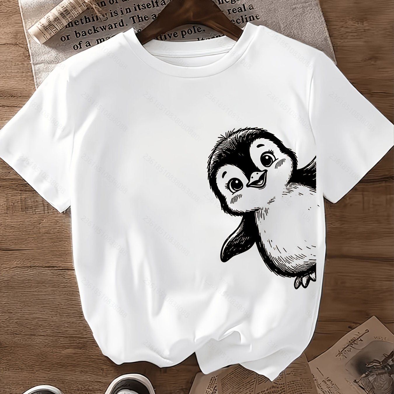 TEMU Women's Cute Penguin Print T-shirt - Black & White Penguin Graphic Tee With Suitable For - Casual Crewneck Short Sleeve Top, Machine Washable
