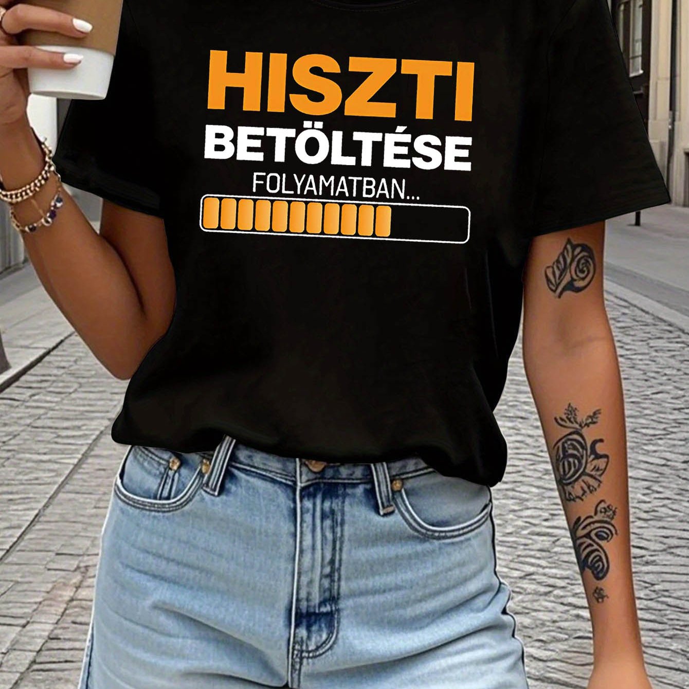 TEMU Hungarian Loading Graphic Print T-shirt Women's Spring-summer Short-sleeve Crew-neck Casual T-shirt, Daily Leisure, Holiday Gift