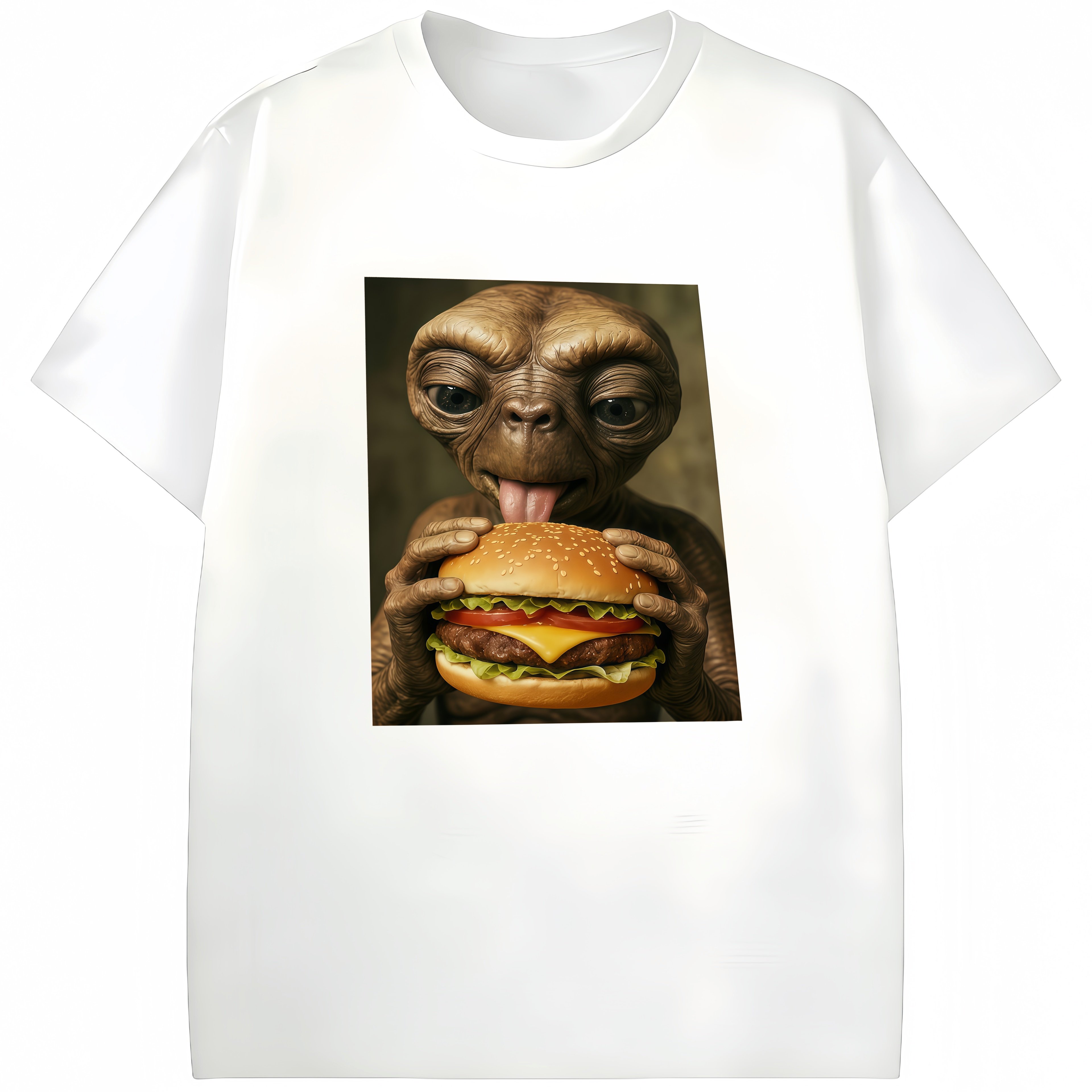 TEMU Hobby Eating Hamburger Pattern T-shirt Retro Character Print Black Short Sleeve Humorous Style With Pattern Casual All-match