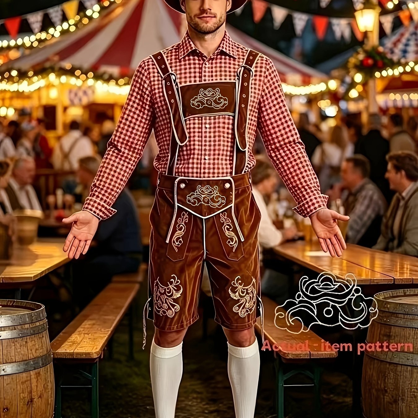 TEMU Halloween Costume Oktoberfest Adult Men's Outfit Set [shirt, Hat, Suspenders, Knee-high Socks], Fun Munich Oktoberfest Folk Carnival Costume,