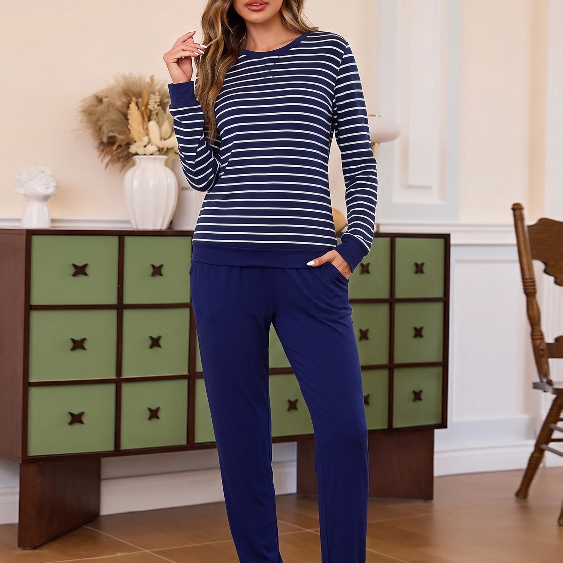 Image of Women's Striped Long Sleeve Pajama Set, Round Neck Stripe Top + Solid Jogger Pants With Pockets, Soft 2pcs Loungewear Sleepwear