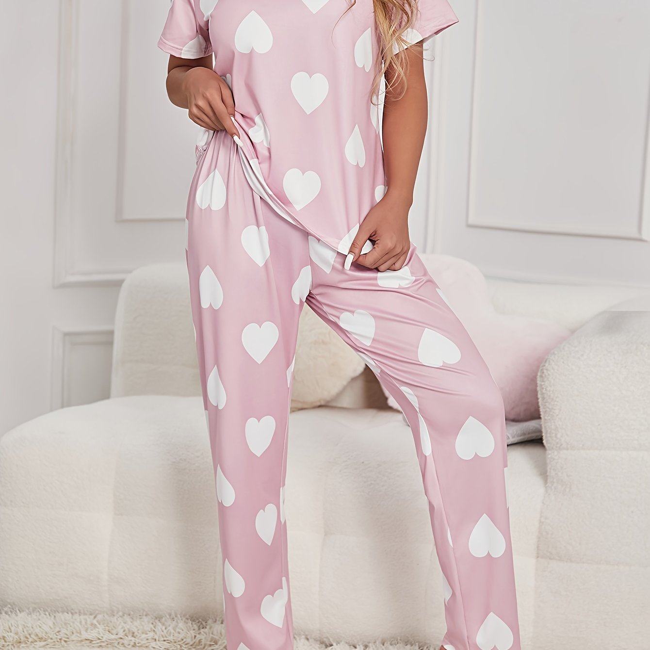 TEMU Women's Comfy Pajama Set - Short Sleeve & Long Pants With Print, Soft Polyester Blend, Machine Washable