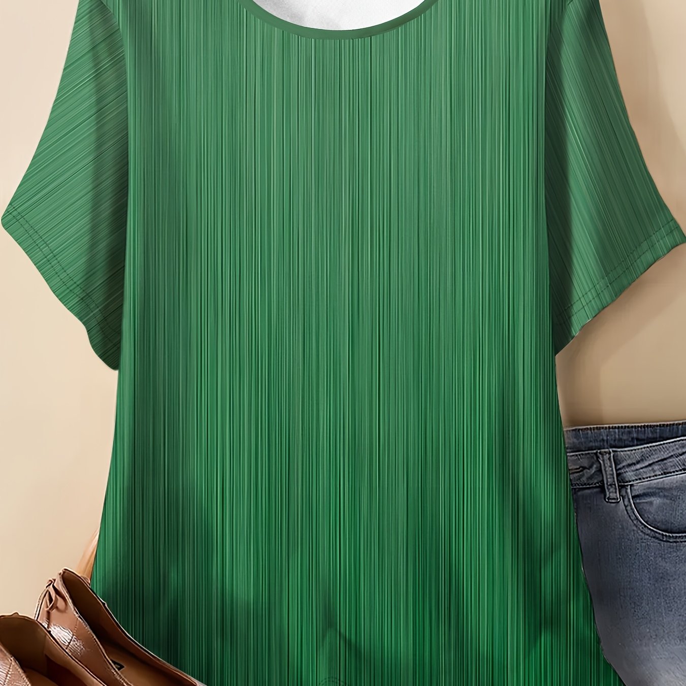 TEMU Women's Plus-size Oversized Dark Green Vertical Stripe T-shirt - Short Sleeve Round Neck -compatible Top | - Casual Wear Suitable For Layering,