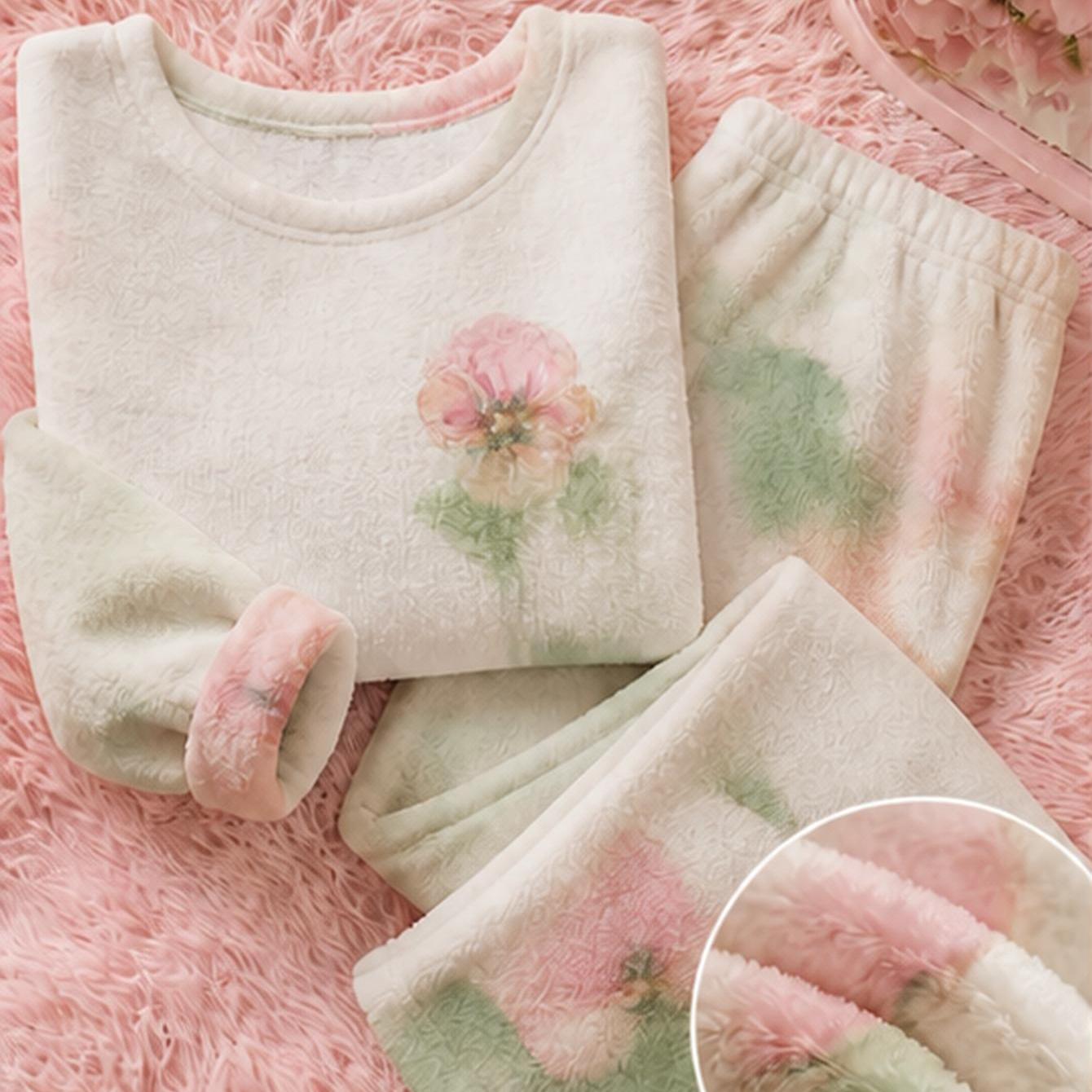 Plus Size Women's Autumn/winter Coral Fleece Pajama Set Print Fleece Pullover Sweater For Women, Cozy Winter Top Long Sleeve Top & Pantssoft Warm Cozy Flannel Sleepwear, Casual Loose Homewear