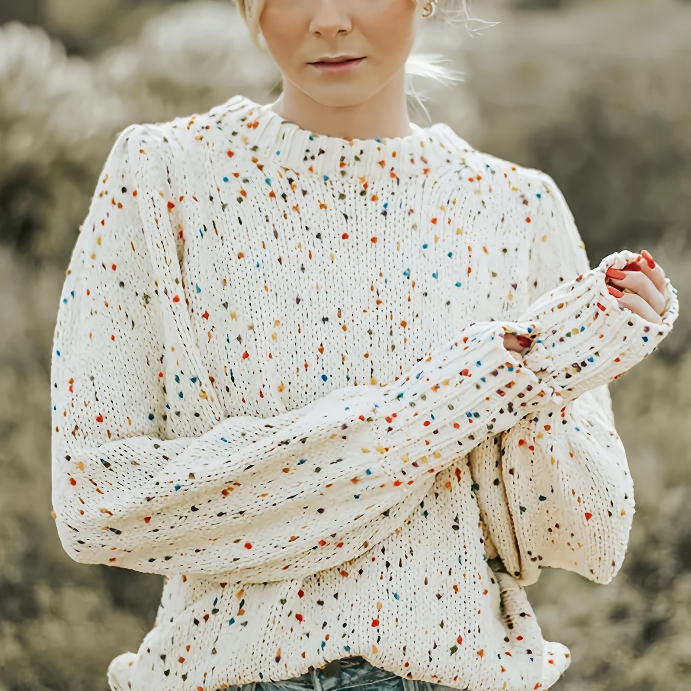 Plus Size - Meter Color Polka Dot Cable Round Neck Sweater